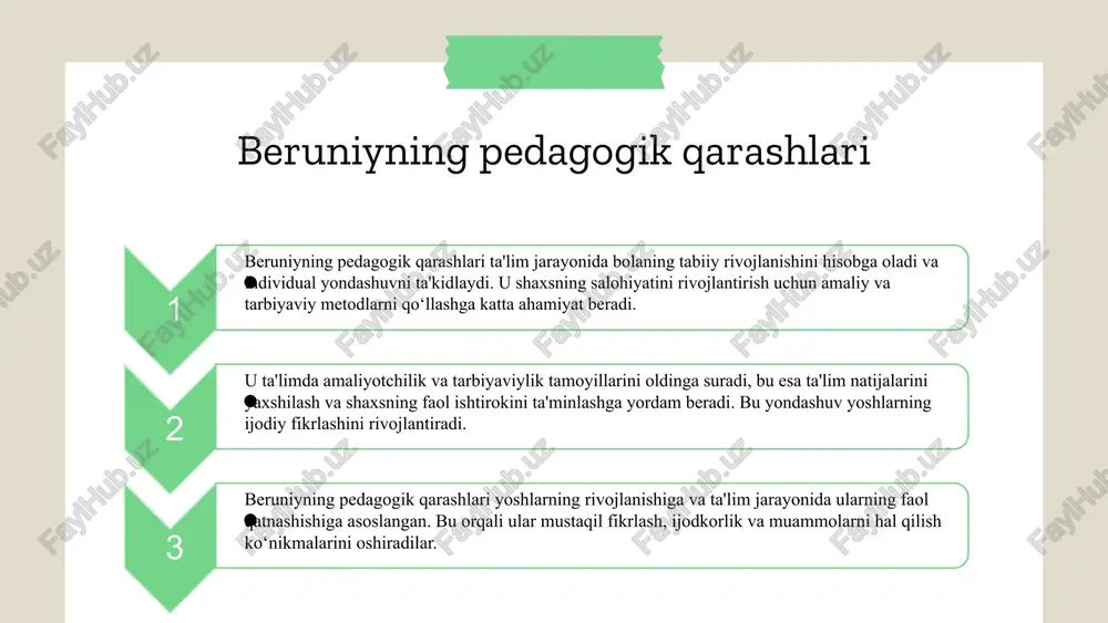 jarayonini qo'llab-quvvatlaydi. beruniyning pedagogik qarashlari va zamonaviy ta'lim photo by giulia squillace on unsplash 1 2 3 zamonaviy ta'lim nazariyalarida beruniyning o'rni bu slidda beruniyning ta'limga yondashuvi va zamonaviy ta'lim nazariyalaridagi o'rni tahlil qilinadi. uning pedagogik qarashlarining ta'limga ta'siri va zamonaviy ta'limda qo'llanilishi muhokama etiladi. yondashuv va o'rni beruniyning ta'limga yondashuvi qadimgi ilmiy va pedagogik qadriyatlarni zamonaviy ta'limga qanday integratsiya qilishga qaratilgan. uning fikrlari zamonaviy ta'lim nazariyalarida mustahkam o'rin egallagan, ayniqsa, talabalarning faol fikrlashini rivojlantirishga qaratilgan yondashuvlarni qo'llab-quvvatlaydi. ta'siri va qo'llanilishi beruniyning pedagogik qarashlari zamonaviy ta'limda innovatsion metodlarning shakllanishiga ta'sir ko'rsatdi. masalan, interfaol ta'lim texnologiyalari, talaba markazlashgan yondashuvlar va kritikal fikrlashni rivojlantirish usullari uning fikrlaridan kelib chiqadi. ilmiy asoslar beruniyning ilmiy metodlari, masalan, tahlil qilish va sintez qilish, ta'limda muhim o'rin tutadi. uning fikrlarida inson tafakkurini rivojlantirish uchun muhim bo'lgan, kritikal va analitik fikrlashni rivojlantirishga qaratilgan pedagogik tamoyillar mujassam. zamonaviy qo'llash beruniyning fikrlaridan foydalanib, zamonaviy maktablarda innovatsion dars metodlari joriy …