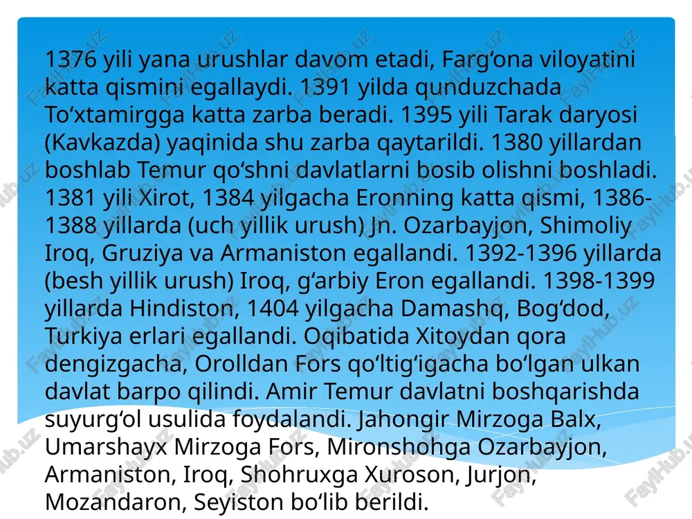 n, xurosonda shohrux, balx, g‘azna qandahordapirmuhammad, g‘arbiy eron va ozarbayjonda mironshohnning o‘g‘illari umarshayx mirzo va abu bakr mirzolar mustaqil hokimlarga aylanishdi. farg‘onada xudaydod, xorazmda idiku temuriylarga bo‘ysinmay qo‘yadilar. 1407 yil pirmuhammadning, 1408 yili mironshohnning o‘ldirilishi vaziyatni yanada chigallashtirdi. faqatgina 1409 yilda shohruxning taxtni egallashi birmuncha osoyishtalikni boshladi. u xirotga qaytgach samarqand taxtiga o‘g‘li ulug‘bekni qoldirdi. ulug‘bekdan so‘ng 1469 yilda sulton husayn davrida rivojlandi. lekin amalda movarounnahr va xuroson ajratib yuborilgan edi.temuriylar davrida geografik bilimlarning rivojlanishi. xiv asrning 60-70 yillaridan to xv asr oxirigacha hukm surgan temuriylar hokimiyati davrida, aksincha, o‘rta osiyoda geografik bilimlar ancha rivojlandi. amir temurning ilm-fan taraqqiyotiga yetarlicha homiylik qilmadi. u asosan mashhur quruvchi ustalarni to‘plab movarounnahrning ulkan qurilishlarida foydalandi hamda tarixnavis olimlarni ham to‘pladi. mana shunday tarixnavis va geograf olimlardan biri hofizi abrudir. hofizi abru taxminan 1361-1362 yillarda xirotda tug‘ilgan va 1431 yil ozarbayjondan xirotga qaytib kelayotganda zinjon shahrida vafot etgan. binobarin, olim hayoti va ijodining bir …