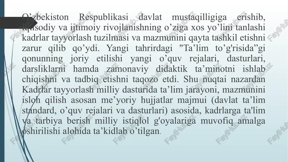 biy va m a xsus fanlarda o’zaro uzviyligini ta’minlash, fan dasturlarini zamon talablariga mos ravishda oddiydan murakkabga qarab tuzib chiqish, har bir fan dasturlarining mavzulariga mos ravishda qo’shimcha ko’rgazmali qurollar yaratish - o’qituvchilar oldiga murakkab vazifalarni qo’yadi, talabalarning esa nazariy bilimlarini shakllantirib boradi. fan dasturi - uslubiy-me’yoriy hujjat bo'lib, davlat ta’lim standartining muayyan fan bo'yicha bakalavr (magistr) bilim, ko’nikma va malakalariga hamda kompetensiyasiga qo’yilgan talablarga muvofiq ishlab chiqiladi. fan dasturi tarkibida fanning maqsadi, vazifalari va o’rganadigan muammolari, talabalarning fan bo’yicha egallashi lozim bo’lgan bilim, ko’nikma va malakalar tavsifi, kompetensiyasi, nazariy, amaliy (laboratoriya, seminar) va mustaqil ish mashg’ulotlari hajmi va mazmuni, metodik tavsiyalar, taqvimiy mavzuiy rejalar, o'quv-uslubiy adabiyotlar va didaktik vositalar ro’yxati hamda baholash mezonlari, shaxsning qaysi fazilatlarini shakllantirishga yo’nalganligi kiradi. fan dasturini ishlab chiqishda ta’lim oluvchilarning mustaqil bilim olish va o’rganish, o’qitish jarayonini shaxsga yo'naltirilgan va rivojlantiruvchi ta’lim talablari asosida tashkil etishga, mavzularning bir xil talqinda takrorlanmasligiga e ’tibor berilishi …