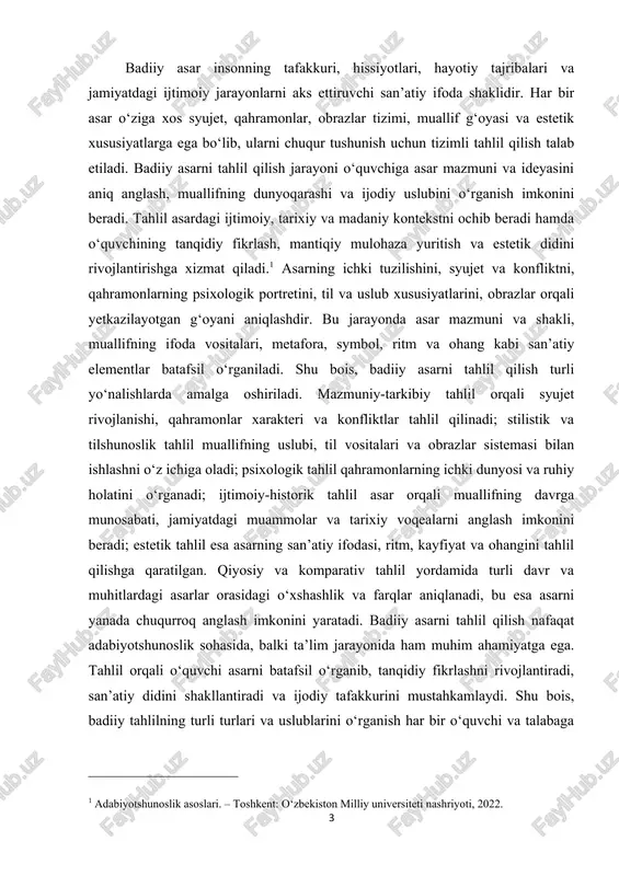 osli ifoda eta oladi. bu ko‘nikmalar nafaqat adabiy, balki kundalik hayotda ham ijtimoiy munosabatlarni to‘g‘ri tushunish va baholashda yordam beradi. badiiy tahlil bugungi kunda ilmiy tadqiqotlar, ta’lim jarayoni va madaniy-ma’rifiy ishlar uchun dolzarb va amaliy ahamiyatga ega ekanligi ko‘rinib turibdi. kurs ishining ahamiyati badiiy asarni tahlil qilishning ahamiyati bir necha jihatdan namoyon bo‘ladi. avvalo, u o‘quvchiga asar mazmunini chuqur tushunish, muallifning dunyoqarashi va ijodiy uslubini aniqlash imkonini beradi. tahlil jarayonida syujet, qahramonlar xarakteri, konfliktlar va asosiy g‘oyalar tizimli tarzda o‘rganiladi, bu esa o‘quvchining matnni tanqidiy va mantiqiy asosda anglash qobiliyatini oshiradi. badiiy tahlil orqali o‘quvchilar san’atiy ifodaning turli vositalarini – metafora, simbol, ritm, ohang, uslubiy xususiyatlar – aniqlashni o‘rganadilar, bu esa ularning estetik didini va ijodiy tafakkurini rivojlantiradi. badiiy tahlil ijtimoiy va madaniy jihatdan ham muhimdir. har bir asar o‘z davri va muhitini aks ettiradi, shuning uchun tahlil orqali o‘quvchi muallifning jamiyatdagi voqealarga, tarixiy hodisalarga va ijtimoiy masalalarga munosabatini bilib …
