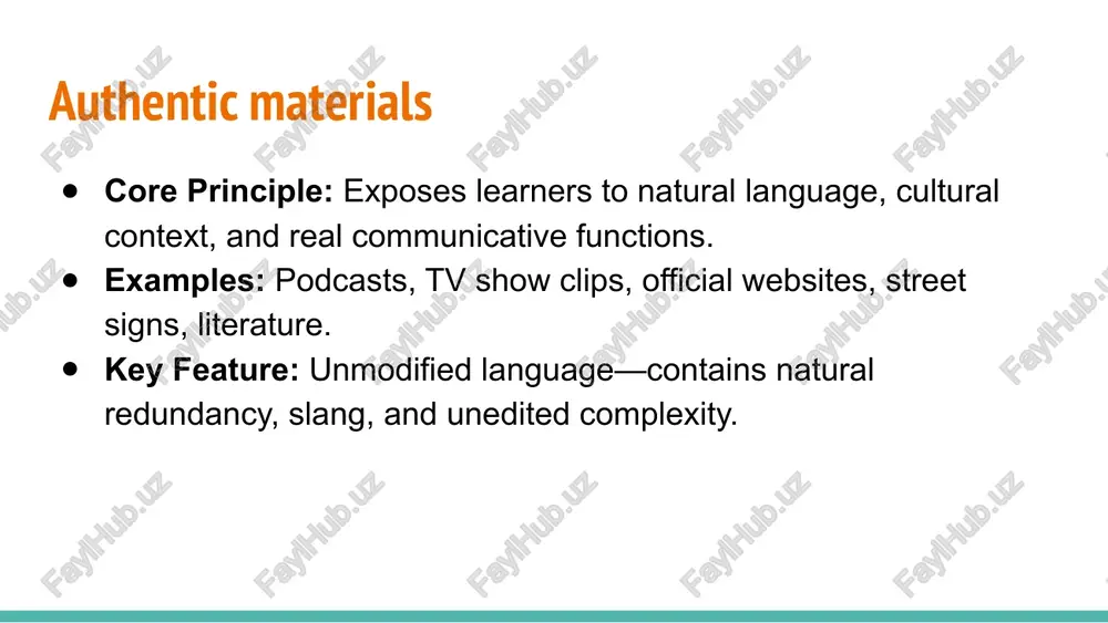 ward full authenticity. recommendation: use authentic materials for receptive skills (listening/reading) and adapted materials for productive skills (speaking/writing) at lower levels.