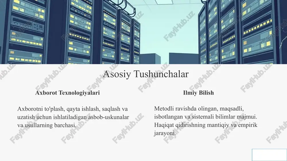 yordamida simulyatsiya qilish mumkin. mashinaviy o'qitish (ml) algoritmlar o'zlari o'rganadi va yordamchisiz shakllanadi. genomika, ob-hava prognozi va tibbiyat sohalarida inqilob. 12 axborot texnologiyalarining ilmiy bilishdagi o‘rni axborot texnologiyalari (it) ilmiy bilish jarayonida muhim vosita sifatida zamonaviy tadqiqotlarning samaradorligi, aniqligi va kengayishini ta'minlaydi. quyida ushbu mavzuga oid qisqacha, lekin ilmiy asoslangan nazariy ma'lumotlar keltiriladi. har bir jihat ilmiy tadqiqot metodologiyasi doirasida axborot texnologiyalarning rolini ochib beradi. sun’iy intellektning ilmiy tadqiqotlardagi ahamiyati sun’iy intellekt (si) — bu inson tafakkuriga xos bo‘lgan o‘rganish, tahlil qilish, qaror qabul qilish jarayonlarini avtomatlashtiruvchi texnologiyalar majmuasidir. ilmiy bilishda si katta hajmdagi ma’lumotlarni tahlil qilish, natijalarni prognozlash va model yaratish imkonini beradi. masalan, tibbiyotda genetik tahlillarni, fizika va kimyoda tajribalarni simulyatsiya qilish si yordamida tezroq va aniqlik bilan bajariladi. sun’iy intellekt ilmiy izlanishlarni inson omilidan mustaqil holda optimallashtiradi va yangi nazariy kashfiyotlarga yo‘l ochadi. ma’lumotlar tahlili (data analysis) ilmiy bilishda ma’lumotlar tahlili — ilmiy tadqiqot natijalarini chuqur o‘rganish …