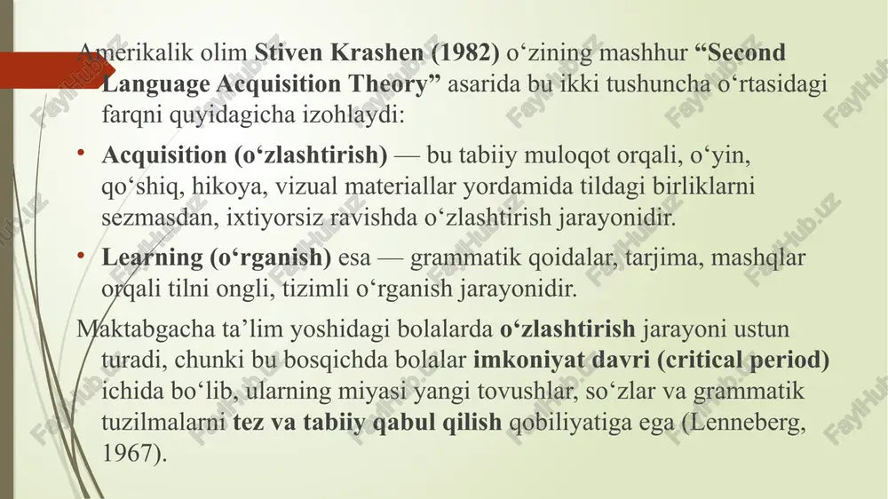 tilini o‘rganishga nisbatan ijobiy munosabat hosil qiladi, ularning talaffuz, eshitish va so‘zlash ko‘nikmalari tabiiy ravishda rivojlanadi. til o‘zlashtirishning mohiyati til o‘zlashtirish — bu insonning ona tili yoki chet tilini tabiiy, muloqot va tajriba asosida egallash jarayonidir. til o‘zlashtirish (language acquisition) jarayoni bolaning ongida til tizimining tabiiy shakllanishi bilan kechadi: bola atrofidagi so‘zlarni eshitadi, ularni tushunadi, takrorlaydi va shu orqali o‘z nutqini rivojlantiradi. maktabgacha yosh davrida bu jarayon juda faol bo‘ladi, chunki miya plastiklik darajasi yuqori, eshitish, takrorlash va taqlid qilish qobiliyati eng kuchli bosqichda bo‘ladi. shu sababli chet tilini aynan shu yoshda o‘rgatish eng samarali natijalarni beradi (lenneberg, 1967). tilni o‘zlashtirish jarayonini turli olimlar turlicha izohlagan. quyida eng muhim ilmiy yondashuvlar tahlil qilinadi. behavioristik yondashuv (xulq-atvor nazariyasi) asoschilari: j. b. watson, b. f. skinner asosiy g‘oya: til — bu inson xulqining bir shakli bo‘lib, u stimulus – javob – mustahkamlash tamoyiliga asoslanadi. til o‘rganish – bu takrorlash va mukofot asosida …