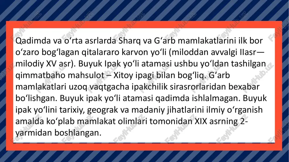 o'chmas iz qoldirib, butun dunyodagi otlarni qadrlovchi avlodlarga ilhom bag'ishladi. bundan tashqari, farg'ona tulpori buyuk ipak yo'li ramziga aylandi, ba'zan uni "otli yo'l" deb ham atashadi, bu qadimgi savdo yo'lining rivojlanishida otlarning ahamiyatini ko'rsatib turadi. buyuk ipak yoʻli – qadimda sharq bilan gʻarbni boʻgʻlab turgan savdo yoʻli, insoniyat rivojlanishi tarixining, uning birlashuvga hamda madaniy qadriyatlari bilan almashishga, hayotiy fazo-yu mahsulotlarni sotish uchun bozorlarga erishishga intilishining oʻziga xos boʻlgan hodisasi. dengiz, okean yoʻllari ochilmasdan oldin bu yoʻllar muhim ahamiyat kasb etgan. sharqda aytiladigan naqlga qaraganda: „oʻtirgan – boʻyra, yurgan – daryo“. harakatlanish – bu hayotdir, sayohat qilish, jahongashtalik doimo taraqqiyotning harakatlantiruvchi kuchi boʻlgan edi. insoniyat tarixida eng ulkan boʻlgan ushbu qitʼalararo savdo yoʻli yevropa va osiyoni bir-biriga bogʻlab, oʻtmishda antik rim davlatidan to yaponiyaning qadimgi poytaxti nara shahrigacha choʻzilgan edi. albatta, sharq va gʻarb oʻrtasidagi savdo oʻtmish qaʼriga choʻkkan qadim-qadim zamonlardan beri olib borilar edi, lekin bu kelgusida bunyod etilgan buyuk …