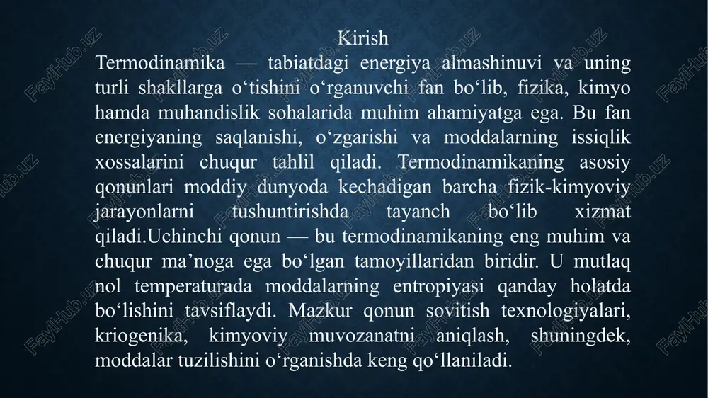 icha ta‘riflanadi: ma‘lum hajm suyuqlikda erigan gazning og’irlik miqdori gaz bosimiga to’g’ri proportsional bo’ladi: gazlar aralashmasi eritilganda har qaysi gaz mustaqil ravishda eriydi, ya‘ni bir gazning erishiga aralashmadagi boshqa gazlar hech qanday halal bermaydi, erish faqat gazning parsial bosimiga proportsional bo’ladi. genri va genri – dalton qonunlariga faqat suyuqliklar bilan kimyoviy reaksiyaga kirishmaydigan gazlar pastroq bosimlarda bo’ysunadi. 1 l erituvchida t0 da va r bosimda eriy oladigan gazning hajmi uning eruvchanlik koeffitsienti yoki gazning adsorbtsiyaviy koeffitsienti deyiladi. gaz eritilgan suvga elektrolitlar qo’shilsa, gazning eruvchanligi kamayadi. elektrolit qo’shilganda gaz eruvchanligining kamayish hodisasi «tuzlanish» deb ataladi. qattiq moddalarning suyuqlikda erishida eruvchanlik to’yingan eritma kontsentratsiyasi bilan o’lchanadi. qattiq moddalar eruvchanligining temperatura bilan o’zgarishini shreder tenglamasi ifodalaydi: xulosa termodinamikaning uchinchi qonuni moddaning eng past haroratlarda tutgan holatini va entropiyaning chegaraviy qiymatini aniqlab beradi. bu qonunga ko‘ra, mutlaq nol temperaturada ideal kristallning entropiyasi nolga teng bo‘ladi. mazkur tamoyil nafaqat nazariy, balki amaliy jihatdan ham muhim …