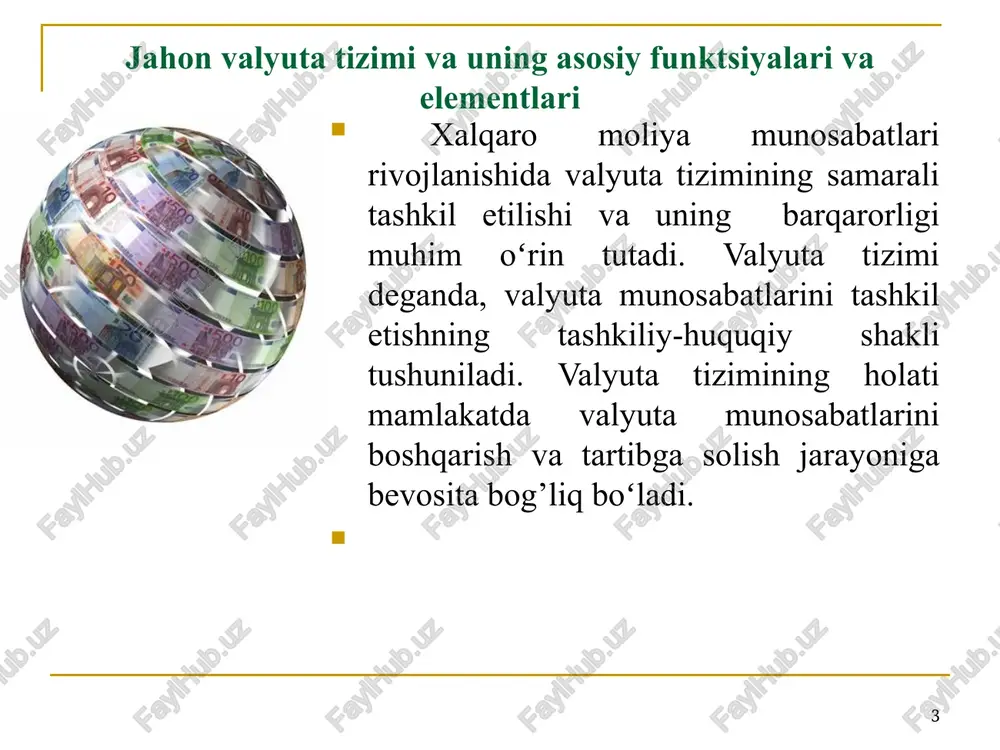 rish majburiyati yuklatildi, ikkinchidan, alohida shaxslar uchun oltinni eksport va import qilish huquqining mavjudligi edi. odatda, pul-kredit muassasalari tanga zarb qilish xarajatlarini qoplash uchun oltinni sotish va sotib olish narxlari oʻrtasida ma’lum bir farqni oʻrnatgan edilar. oltin andozasi tizimining oʻziga xos boʻlgan tomonlari quyidagicha edi: har bir valyuta oltin tarkibiga ega boʻlib, valyuta birligi muayyan miqdorda oltinga tenglashtirildi; valyutalarning oltin tarkibiga koʻra ularning oltin paritetlari oʻrnatildi, shunga muvofiq valyutalarning oʻzaro kursi belgilandi; alohida davlat ichida va undan tashqarida valyutalarning oltinga erkin almashinuvi ta’minlandi. davlat paritet qiymatiga koʻra oltinni sotish va sotib olish majburiyatini oldi. oltin umumjahon puli sifatida tan olindi; oltinning erkin tarzda eksport va importi yoʻlga qoʻyildi; pulga boʻlgan ichki talab va milliy oltin zahirasi oʻrtasidagi muvofiqlik saqlab turildi. * * parij valyuta tizimi birinchi jahon valyuta tizimi xix asrda oltin monometallizmi asosida, oltin tanga andozasi shaklida shakllangan. parij valyuta tizimida oltin yagona jahon puli sifatida qabul qilingan. mazkur …