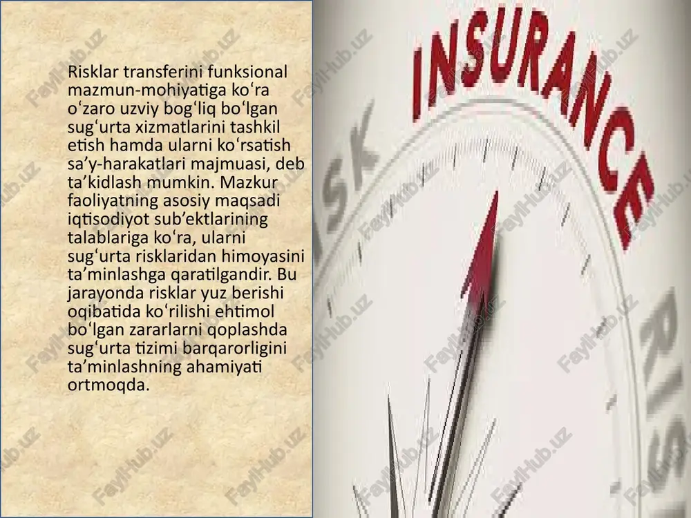 lishi; - sug‘urtachi ixtiyorida bo‘ladigan maxsus zaxirani ajratish, uning optimal hajmini aniqlash talab etilishi; - sug‘urta shartnomalari ko‘rsatkichlarini (inglizcha «storno») bashorat qilish hamda ular bo‘yicha ekspert bahosi talab etilishi; - qarz (ssuda) foizlari me’yorlarini va aniq vaqt oralig‘ida ularning o‘zgarish an’analarini tadqiq etish taqozo etilishi; - sug‘urta hodisasi bilan bog‘liq holda to‘liq yoki qisman zararlar yuzaga kelishi hamda ular kattaligining kenglik va vaqtda taqsimlanishiga maxsus jadvallar yordamida o‘zgartirishlar kiritish talabi namoyon bo‘lishi; - ekvivalentlik tamoyiliga amal qilish, ya’ni sug‘urta mukofotlari va sug‘urta tashkiloti tomonidan tarif davrida ko‘rsatilayotgan sug‘urta ta’minoti o‘rtasida o‘zaro tenglik o‘rnatilishi taqozo etilishi; - umumiy sug‘urta doirasida risklarni aniqlashtirish va ularni guruhlash talab etilishi kabilar. sug‘urta to‘lovlari hajmining hisob-kitoblari aynan bir mamlakat, alohida bir hududning o‘ziga xos tomonlarini inobatga olgan holda, shuningdek risk yuz berishi ehtimolining vaqt va kenglikdagi xilma-xilligi asosida aniqlanadi. masalan, sug‘urtalangan ob’ektlar soni 100 ta, har bir ob’ekt bo‘yicha sug‘urta summasi 2 mln. so‘m bo‘lsa, …