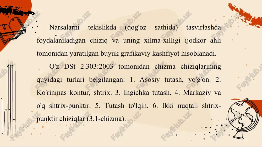 ar gabarit o'lchamlar deyiladi (3.2-chizmadagi 5, 40, 76 o'lcham­lar). gabarit o'lchamlarni ko'rsatuvchi o'lcham chiziqlari vertikal va gorizontal chiziqlarga parallel olinadi. o'lcham chiziqlari chiqarish chiziqlariga strelka uchi bilan tegib turishi kerak. strelkaning tuzilishi 3.3-chizma, b da ko'rsatilgan. strelka kattaligi kontur chiziqlarning yo'g'onligiga bog'liq bo'lib, chizmaning hamma joyida bir xil kattalikda bo'ladi. chiqarish chi­ziqlari oxirgi strelkadan 2-3 mm chiqib tursa kifoya, ortiqchasini o'chirib tashlash lozim. burchak o'lchamlarini qo'yish qoidalari 3.3-chizma, a da berilgan. shtrixlab qo'yilgan joydagi burchak o'lchamlari chiqarib ko'rsatiladi. aylana diametrlarining o'lchamlarini ko'rsatishda o'lcham soni oldiga ham­ma vaqt diametrni ifodalovchi shartli belgi 0 qo'yiladi (3.3-chizma, f). radi-uslarning o'lchamlarini ko'rsatuvchi o'lcham soni oldiga hamma vaqt radius belgisi r yoziladi (3.3-chizma, d). 3.4-chizmadagi aylana va radius o'lcham-lariga e'tibor bering. chizmada kvadrat teshik yoki kvadrat chiqiq (bo'rtiq) o'lcham soni oldiga kvadrat belgisi □ qo'yiladi (3.3-chizma, e). detalda bir xil element, ya'ni aylanali silindrik teshik ko'p marta takrorlansa va ularaing diametrlari o'lchamlari bir xil bo'lsa, …