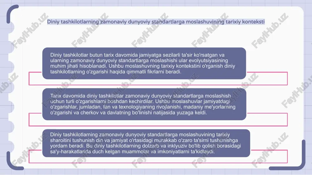 ga moslashuvining huquqiy oqibatlari diniy tashkilotlarning zamonaviy dunyoviy standartlarga moslashuvining ta'siri katta huquqiy oqibatlarga olib kelishi mumkin. bu oqibatlar diniy erkinlik masalalaridan tortib, qonun ostida kamsitish va teng munosabatga qadar bo'lishi mumkin. diniy tashkilotlar zamonaviy dunyoviy standartlarga moslashganda, ular bandlik, uy-joy va jamoat joylari kabi sohalarni tartibga soluvchi murakkab huquqiy asoslarni boshqarishi kerak bo'lishi mumkin. bu diniy huquqlar bilan shaxslar va jamoalar huquqlarini sinchkovlik bilan muvozanatlashni talab qilishi mumkin. shuningdek, diniy tashkilotlar o'zlarining diniy e'tiqodlari yoki urf-odatlariga zid bo'lishi mumkin bo'lgan qonunlarga rioya qilishlari kerak bo'lganda ham huquqiy oqibatlar paydo bo'lishi mumkin. bu ta'minlanishi kerak bo'lgan diniy imtiyozlar va turar joy miqdori haqida savollar tug'dirishi mumkin. diniy tashkilotlarning zamonaviy dunyoviy standartlarga moslashuvining ijtimoiy oqibatlari diniy tashkilotlar zamonaviy dunyoviy standartlarga tobora ko'proq moslashmoqda, bu esa muhim ijtimoiy ahamiyatga ega. ushbu moslashuv diniy jamoalar ichida ko'proq qabul va inklyuzivlikka, shuningdek, kengroq jamiyat bilan yanada ochiq muloqotga olib kelishi mumkin. biroq, bu o'zgarishlarga …