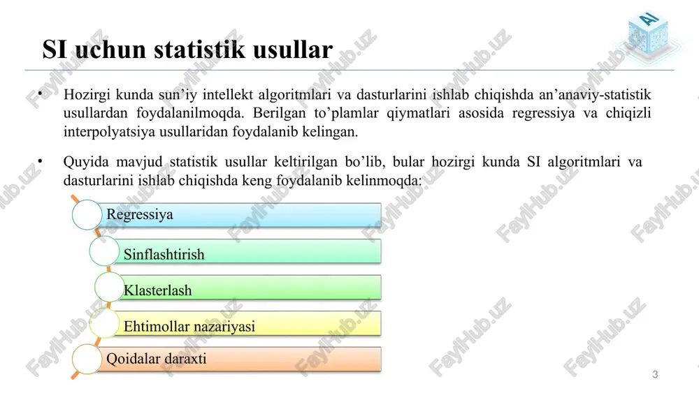 3 ? … … ? 150 5 ? 70 2 ? n uy narxini bashoratlash uy sinfini aniqlash uylarni guruhlashtirish uy sinfini aniqlash regressiya nima? regressiya – bu ma’lumoatlarni intellektual tahlil qilish usullaridan biri bo’lib, obyekt yoki jarayonga tegishli o'zgaruvchilar o'rtasidagi o'zaro bog'liqlikni baholash uchun statistik jarayonlar to'plami hisoblanadi. regression tahlil chiziqli yoki nochiziqli, o’z navbatida logistik regressiya usullari asosida amalga oshiriladi. regression tahlil asosan bashorat qilish uchun keng qo'llaniladi va hozirda ushbu usulning ishlatilishi mashinani o’qitish sohasi bilan sezilarli darajada mos keladi. 16 ma’lumot(𝑥1, 𝑦1),…, (𝑥𝑛, 𝑦𝑛) chiziq modeli 𝑦𝑖 − 𝑚𝑥𝑖 − 𝑏 = 0 𝑦𝑖 = 𝑚𝑥𝑖 + 𝑏 parametrlar: m,b xatolik e minimum bo’ladigan (m,b) parametrlarni topish regressiya umumiy yuzasi(x) xonalar soni narxi (y) 40 1 22 45 1 25 60 2 30 56 2 28 72 2 32 75 2 29 82 2 35 92 3 42 … … … 150 5 59 70 2 …