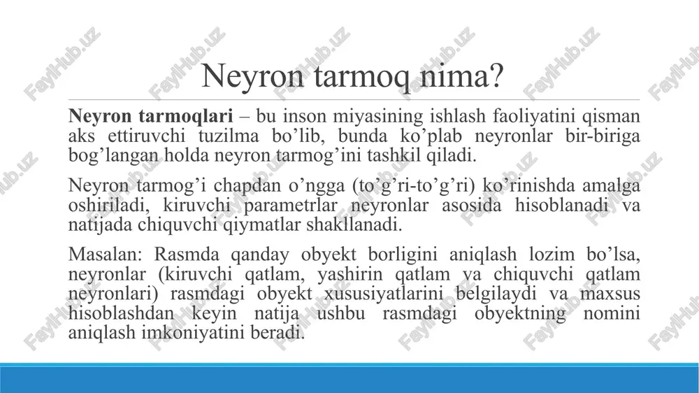 m og’irlik koeffitsentlari bo’ladi. faollashtirish funksiyasi (activation function, transfer function) – chiquvchi qatlam uchun qiymatlarni muvoffiqlashtiruvchi funksiya (softmax, relu) hisoblanadi o’qitish qoidasi (learning rule) - bu tarmoqqa berilgan kirish uchun qulay natijaga erishishda neyron tarmoq parametrlarini o'zgartiradigan qoida yoki algoritm. neyron qanday ishlaydi? misol uchun oldingi slaydda berilgan rasmga ko’ra 3 ta kiruvchi parametrlar (x1, x2, x3) mavjud va ular neyronga kirib keladi. ushbu kiruvchi qiymatlar neyronga kirishidan oldin mos ravishda og’irlik koeffitsentlariga (“weight” (w1, w2, w3)) ko’paytiriladi va bu qiymatlar neyronlarni bir-biriga bog’lash koeffitsenti deb ham ataladi. har bir neyronning og’irlik koeffitsenti mavjud bo’lib, ushbu qiymatlar neyronni o’qitish jarayonida tanlanadi. bundan tashqari, neyronni hisoblashda ozod had, “bias” koeffitsentidan ham foydalaniladi. bu neyronning qiymati emas balki o’qitish jarayonida tanlanadigan va neyron tarmog’ini hisoblashda foydali hisoblanadi. neyron tarmoq ko’rinishi (misol) bu mushuk!!! 48 212 35 5 neyronni o’qitish kiruvchi ma’lumot sifatida tasvir pixel qiymatlari qaraladi neyron tarmoqda o’qitish neyron tarmoqda o’qitish …