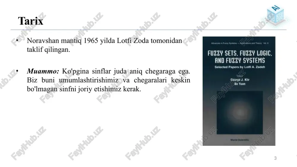 kuchlanishini sozlash uchun foydalanish. kruiz nazorati nissan, isuzu, mitsubishi avtomobil tezligi va tezlashishini sozlash uchun gaz reduktiri sozlamalarini sozlash uchun undan foydalaning idish yuvish mashinasi matsushita chayish va yuvish strategiyalari, tozalash siklini sozlash idishlar soniga va idishlarga beriladigan ovqat miqdoriga bog'liq aniqlanadi. liftni boshqarish fujitec yo'lovchilar oqimiga qarab kutish vaqtini kamaytirish uchun undan foydalaning fitnesni boshqarish omron o'z xodimlarining yaroqliligini tekshirish uchun ular tomonidan nazarda tutilgan noaniq qoidalar. pech ni nazorat qilish nippon steel sement aralashtiriladi mikroto'lqinli pech chemical to’lqin quvvati va pishirish strategiyasini o'rnatadi 18 noravshan mantiq (misol) 65 fº (18 ºc) – temperatura (temp) 19 25 % – bulut qoplami (cloud cover) mashina tezligi (drive speed) ? noravshan mantiq (misol) rules if it is sunny and warm, drive fast sunny(cover) ˄ warm(temp) => fast (speed) if it is cloudy and cool, drive slow cloudy(cover) ˄ cool(temp) => slow(speed) 20 noravshan mantiq (misol) fuzzification 21 noravshan mantiq (misol) fuzzification …