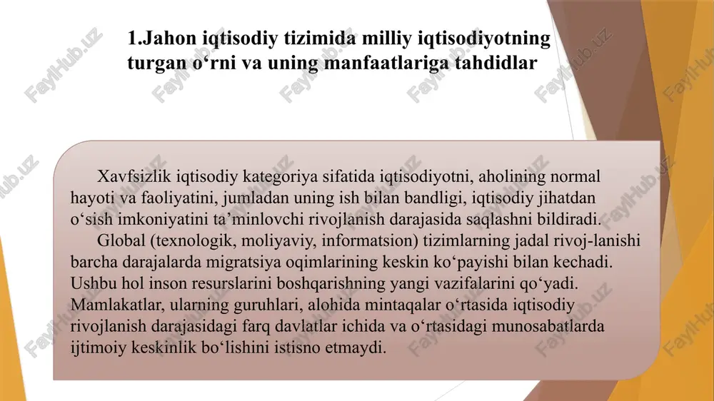 oshirilmoqda: *sanoatni rivojlantirish dasturlari. *qishloq xo’jaligini rivojlantirishni tartibga solish. *mintaqalar eksport salohiyatidan samarali foydalanish va qo’shma korxonalarni tashkil etishni tartibga solish. *transport-kommunikatsiya tizimini rivojlantirish. *mintaqalarning ijtimoiy rivojlanishini tartibga solish. *sanoatni rivojlantirish dasturlari. *qishloq xo’jaligini rivojlantirishni tartibga solish. *mintaqalar eksport salohiyatidan samarali foydalanish va qo’shma korxonalarni tashkil etishni tartibga solish. *transport-kommunikatsiya tizimini rivojlantirish. *mintaqalarning ijtimoiy rivojlanishini tartibga solish. 2.mamlakat iqtisodiy xavfsizligini ta’minlash yo’llari mamlakat iqtisodiy manfaatlarini himoya qilish va uning xavfsizligini ta’minlashda davlat markaziy o‘rin egallaydi. mamlakatda “xufiyona iqtisodiyot” darajasining yuqoriligi poraxo‘rlik darajasining ham yuqori darajada bo‘lishiga zamin yaratadi. umuman, xufiyona iqtisodiyotning ma’lum bir davlat misolida qanchalik darajada rivojlanganligini aniq belgilab bo‘lmaydi. ushbu hodisaning mavjudligi natijasida yuzaga keluvchi bir qator omillar uning taxminiy darajasini mutaxassislar ishtirokida jahon mamlakatlarida mavjud bo‘lgan “xufiyona iqtisodiyot”ning ulushini aniqlaydi. shuningdek, dunyodagi deyarli barcha mamlakatlar iqtisodiy siyosatni amalga oshirish mexanizmlaridan biri sifatida davlat qarzlaridan foydalanadilar, chunki ularning aksariyatida defitsit (taqchil) byudjetga ega bo‘ladilar va ichki investitsiyalar uchun, …