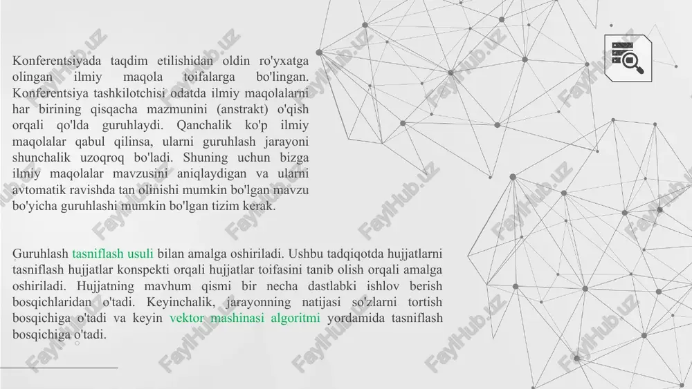 ma'lumotlar to'plami) meta ma'lumotlar va tarkibga asoslangan holda kiritiladi. metadata sarlavha, tadqiqotchi nomi va kalit so'zlardan iborat bo'lib, jarayon uchun referat uning mazmuni asosida kiritiladi. kirish jarayonidan so'ng, ma'lumotlar tf-idf usuli yordamida matnni oldindan qayta ishlash va tortish jarayonidan o'tadi. ushbu bosqichda har bir hujjat mavzusi asosida ilmiy maqolalarni toifalarga ajratish uchun qo'llab-quvvatlash vektor mashinasi algoritmi bilan tasniflash jarayoni qo'llaniladi. trening ham, test ham bir xil jarayonni amalga oshiradi. trening va test o'rtasidagi farq shundaki, mashg'ulotda natija svm bilan ishlov berilgandan so'ng natija qiymatlari ma'lumotlar sinovi bilan taqqoslanadigan modelga aylanadi. ilmiy maqolalarni tasniflash uchun umumiy arxitektura ma'lumotlar to'plami ushbu tadqiqot uchun foydalanilgan ma'lumotlar o'quv ma'lumotlari va test ma'lumotlaridan iborat. maʼlumotlar hisoblash va amaliy informatika boʻyicha xalqaro konferensiya (iccai) va springerlink toʻplamidan olingan .pdf hujjat formatidagi ilmiy hujjatlardir. ma'lumotlar bir nechta toifalar bo'yicha hujjatlar tasnifini ishlab chiqarish uchun qayta ishlanadi: - kompyuter grafikasi va tasvirni ko'rish - kompyuter tizimi - ma'lumotlarni …