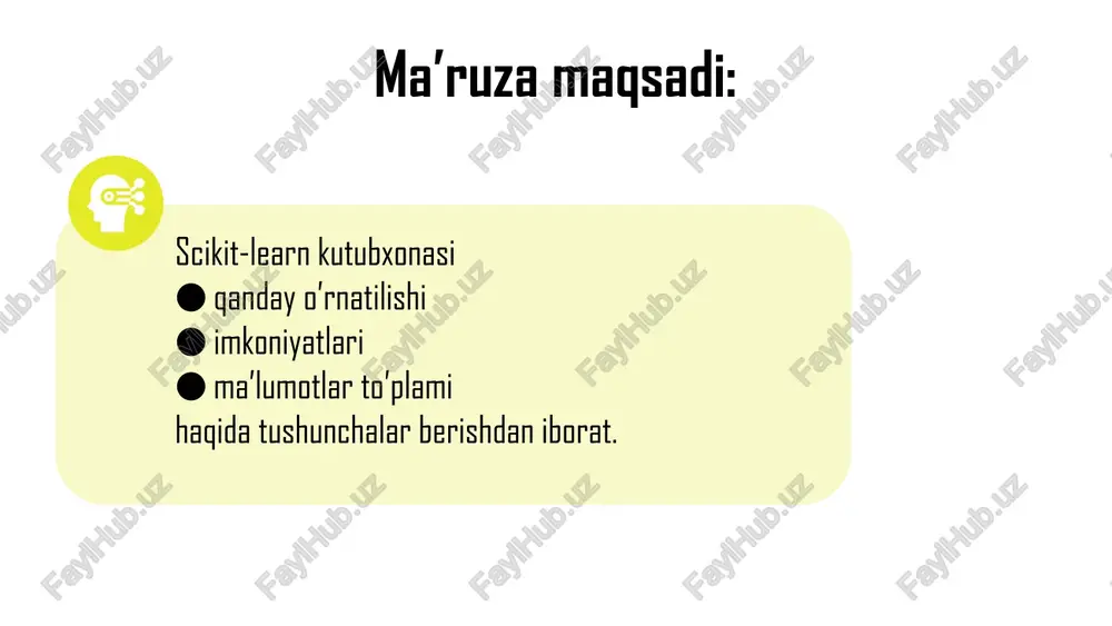 dagi oʻrganish algoritmlari − deyarli barcha mashhur nazorat ostidagi oʻrganish algoritmlari, masalan, chiziqli regressiya, vektorni qoʻllab-quvvatlash mashinasi (svm), qarorlar daraxti va boshqalar scikit-learnning bir qismidir. nazoratsiz o‘rganish algoritmlari − boshqa tomondan, u klasterlash, omil tahlili, pca (asosiy komponent tahlili)dan nazoratsiz neyron tarmoqlargacha bo‘lgan barcha mashhur nazoratsiz o‘rganish algoritmlariga ega klasterlash - bu model etiketlanmagan ma'lumotlarni guruhlash uchun ishlatiladi. oʻzaro tekshirish − u koʻrinmaydigan maʼlumotlarda nazorat qilinadigan modellarning toʻgʻriligini tekshirish uchun ishlatiladi. oʻlchamni qisqartirish − u maʼlumotlardagi atributlar sonini qisqartirish uchun ishlatiladi, keyinchalik ular umumlashtirish, vizualizatsiya va xususiyatni tanlash uchun ishlatilishi mumkin. ansambl usullari − nomidan ko‘rinib turibdiki, u bir nechta nazorat qilinadigan modellar bashoratlarini birlashtirish uchun ishlatiladi. xususiyatlar ajratib olish − tasvir va matn maʼlumotlaridagi atributlarni aniqlash uchun maʼlumotlardan xususiyatlarni ajratib olish uchun foydalaniladi. xususiyatlar tanlash − u nazorat ostidagi modellarni yaratish uchun foydali atributlarni aniqlash uchun ishlatiladi. ochiq manba − bu ochiq manba kutubxonasi va bsd litsenziyasi ostida tijorat …