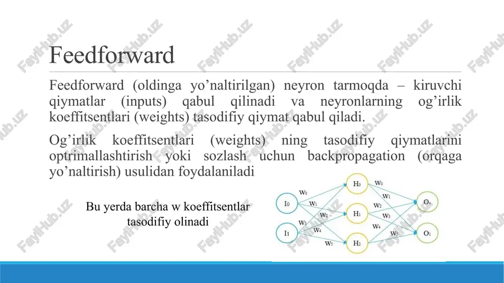 etadi. numpy massivlari - manfiy bo'lmagan butun sonlar to'plami bilan indekslangan, bir xil tipdagi qiymatlar jadvalidir. massivning o`lchamlari soni uning rangini belgilaydi va har bir o`lchamlarining(kanallarining) o`lchamlarini o`zida saqlaydigan butun sonlardan tashkil topgan statik ro`yxatlar numpy massivlari shape(shakli) deyiladi. numpy massivlarini python ro`yxatlari (list) orqali hosil qilish mumkin va ularga [ ] ko`rinishidagi qavslar orqali murojaat qilish mumkin. numpyda massivlar yaratish numpyda massivlarni hosil qilish uchun bir qancha funksiyalari mavjud massivlar ustida amallar kesimlar ajratib olish: python ro'yxatlariga o'xshash, numpy massivlaridan kesimlar ajratib olish mumkin. massivlar ko'p o'lchovli bo'lishi mumkinligi sababli, massivning har bir o'lchovi uchun bo'lakni belgilashingiz shart dot() funksiyasi dot() funksiyasi matritsani bir biriga ko’paytirish uchun ishlatiladi. quyida misol berilgan: import numpy.matlib import numpy as np a = np.array([[1,2],[3,4]]) b = np.array([[11,12],[13,14]]) np.dot(a,b) dataset ni shakllantirish. datasetni vizuallashtirish va 1 orqali datasetni shakllantirish #a 0 0 1 1 0 0 0 1 0 0 1 0 1 1 …