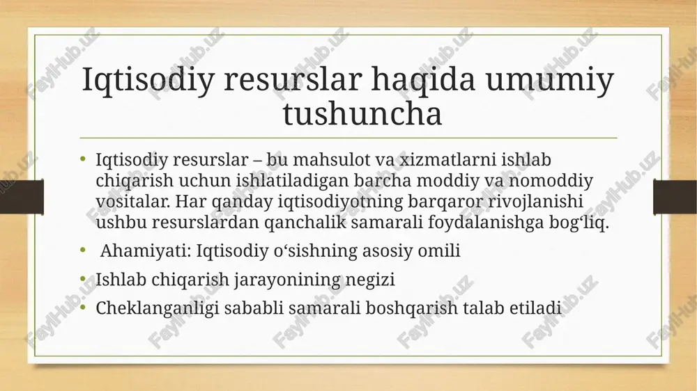 qat iqtisodiy o‘sish va raqobatbardoshlikni oshirish, balki ekologik muvozanatni saqlash va jamiyat farovonligini ta’minlash uchun ham muhimdir. innovatsiyalar, strategik rejalashtirish va texnologiyalardan samarali foydalanish orqali resurslarni eng samarali boshqarish mumkin. image5.png image6.png image7.jpg image3.png image4.png /docprops/thumbnail.jpeg