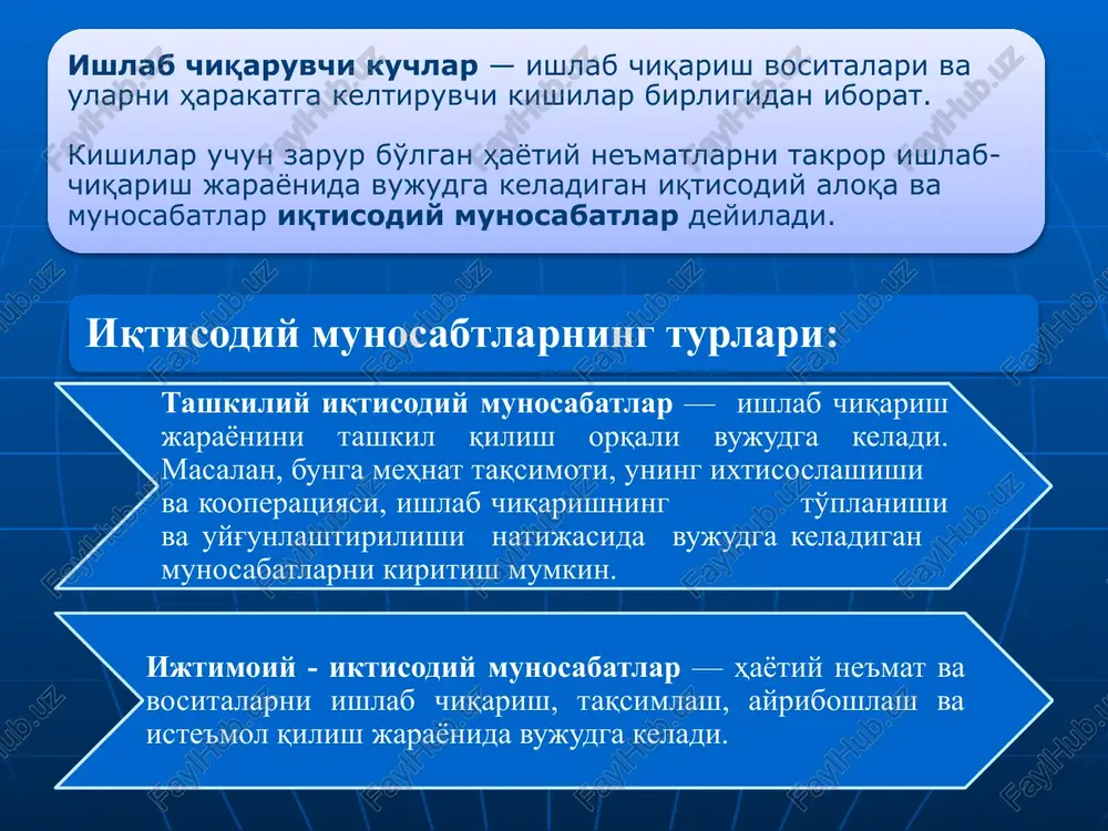 shakli monoiqtisodiyot poliiqtisodiyot iqtisodiy tizimlar turkumlanishi turkumlashga yondashuvlar turkumlash mezonlari iqtisodiy tizim turlari viii qamrov darajasiga ko'ra amal qilish darajasi mikroiqtisodiyot makroiqtisodiyot mezoiqtisodiyot megaiqtisodiyot iqtisodiy tizimlar turkumlanishi turkumlashga yondashuvlar turkumlash mezonlari iqtisodiy tizim turlari oddiy kooperatsiya – bu bir turdagi mahsulot ishlab chiqarish yoki bir xil ishni bajaruvchilar mehnatining oddiy shaklda (bir joyda) uyushtirilishi. manufaktura – oddiy kooperatsiyaga uyushgan ishlab chiqaruv-chilar o'rtasida mehnat taqsimotining joriy qilinishi. manufaktura qo'l mehnatiga va oddiy mehnat qurollariga asoslanadi. mashinalashgan ishlab chiqarish – manufakturaga uyushgan xodimlar mehnatiga mashinalarning joriy qilinishi natijasida vujudga keladi. toindustrial jamiyatning asosiy belgilari: aholining asosan qishloq xo'jaligi bilan bandligi qo'l mehnatining ustuvorligi; mehnat taqsimotining juda sayozligi; natural xo'jalik hukmronligi. mehnat vositalari, materiallar, texnologiya, energiya, axborotlar va ishlab chiqarishni tashkil etish birgalikda ishlab chiqarishning texnologik usuli deyiladi. industrial jamiyatning asosiy belgilari: ishlab chiqarishning mashinalarga asoslanganligi; sanoat, fan-texnika yutuqlari asosida rivojlanishi; shahar aholisining qishloq aholisiga nisbatan tezroq ko'payishi. postindustrial (yuqori darajada industrlashgan) jamiyatning …