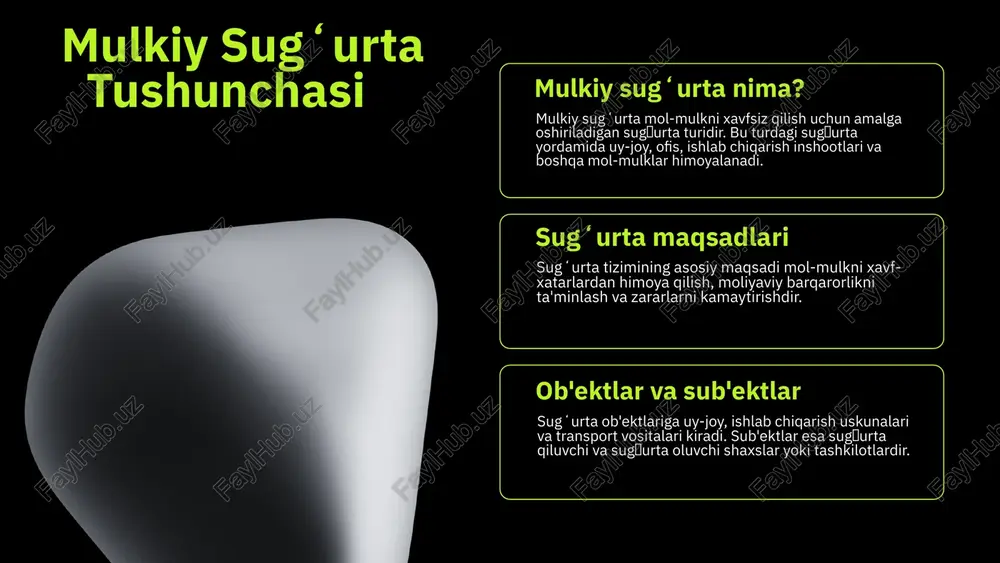 lash 1 2 3 mulkiy sugʻurta amaliyotining asosiy vazifalari mulkiy sugʻurta amaliyotining maqsadi va ahamiyati - moliyaviy barqarorlikni ta'minlash va xavf-xatarlarni boshqarish orqali bozor ishonchini oshirish. sugʻurta xizmatlarining asosiy vazifalari - mulkni sugʻurta qilish, xavf-xatarlarni baholash, risklarni boshqarish va sugʻurta toʻlovlarini amalga oshirish. mijozlar bilan aloqalar va xizmat ko'rsatish - mijoz ehtiyojlarini tushunish, shaxsiy yondashuv, shartnoma yangilash, muammolarni hal qilish va ishonchni mustahkamlash. sugʻurta polislari bilan ishlash sugʻurta polislari — shartnoma shartlarini aniqlash va mijozga to‘g‘ri foydalanish bo‘yicha maslahatlar berishda muhim rol o‘ynaydi. polislardagi asosiy shartlar: sugʻurta obyekti, summasi, muddati va shartnoma shartlari. mijozlar uchun polis shartlarini yaxshi bilish va nazorat qilish muhim, bu sugʻurta jarayonini soddalashtiradi. polislar orqali sug‘urta shartnomasining har tomonlama tushunilishini ta’minlash mumkin. to‘g‘ri foydalanish uchun polis shartlarini yaxshi bilish va muvofiqlikni nazorat qilish muhim. photo by lukáš vaňátko on unsplash sugʻurta talablari va ularni bajarish sugʻurta talablari muhimdir, chunki ular sugʻurta shartnomasining muhim qismi bo'lib, xavfni …