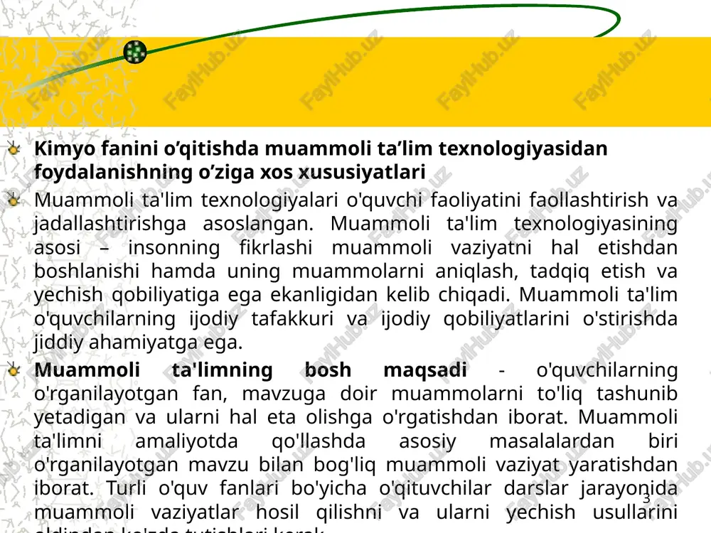 slash bilan amalga oshiriladi. 3. tushuntirish - bu muammoning yechimi nima uchun to'g'riligini tasdiqlovchi sabablarni aniqlash asosida amalga oshiriladi. 9 kimyo fani bo’yicha muammoli darslarga tayyorlanish mobaynida o’qituvchi: o’quvchilar duch keladigan vaziyatlarni muammoli ekanligini ziyraklik bilan sezishi va guruh oldiga o’quvchilar tushunadigan holda maxsus fanga oid haqiqiy o’quv masalalarini qo’yishni bilishi; kimyo fani bo’yicha o’quvchilar tomonidan bajarilayotgan barcha jarayon (vazifalarni hal etish, muammoni qo’yish, yechish, natijani tekshirish va hokazolar)ni muvofiqlashtiruvchisi va o’quvchilarga hamkor vazifalarni bajarish; o’quvchilarni muammo va uni chuqur tadqiq etish jarayoniga jalb etishga, ijodiy fikrlayotgan o’quvchilarni ustalik bilan qo’yilgan savollar yordamida rag’batlantirishga harakat qilish; o’qituvchi o’quvchilarning shaxsiy yechimlarini topishda qilgan harakatlarida qo’yib yuborgan xatolariga o’zining yordamini taklif etgan holda chidam va toqatli bo’lish yoki o’quvchilar o’zlarining yechimini izlashlarida ishonchsizlik hosil qilayotgan paytlarda, ularni zarur axborot manbalariga yo’llab yuborish kabi tajribalarni egallashi lozim. 10 namuna: kimyoviy “muammoli vaziyat” biz bilamizki sulfat kislota kimyo sanoatining noni hisoblanadi.sababi barcha sun’iy mahsulotlar …