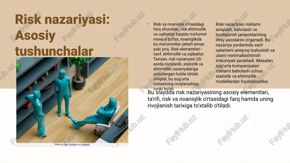 fatini oshiradi. risk va sug‘urta jarayoni risklar sug‘urta mahsulotlarini ishlab chiqish va narxlashda muhim omil hisoblanadi. ular yordamida kompaniyalar sug‘urta qoplamini aniqlash, narxlarni belgilash va xavfni diversifikatsiya qilish imkoniyatiga ega bo‘ladilar. photo by natalya letunova on unsplash risk turlari va ularning ta’siri risk turlari: moliyaviy, operatsion, tabiiy va siyosiy risklar kabi asosiy toifalar mavjud. har bir risk turi o'ziga xos xususiyatlarga ega va turlicha ta’sir ko'rsatadi. sug‘urtaga ta’siri: har bir risk turi sug‘urta kompaniyalari uchun o'ziga xos xavf va imkoniyatlarni yaratadi. masalan, tabiiy risklar katta moliyaviy yuk bo‘lishi mumkin, operatsion risklar esa boshqaruvdagi kamchiliklardan kelib chiqadi. misollar: yomg‘irli mavsumda qishloq xo‘jaligi risklari, avtohalokatlar bilan bog‘liq transport risklari yoki siyosiy beqarorlik natijasida yuzaga keladigan siyosiy risklar. bu real dunyo misollari risklarning ta’sirini ko‘rsatadi. risklarni baholash usullari risklarni baholashning asosiy usullari statistik tahlil, ehtimollik hisob-kitoblari va model yaratishni o'z ichiga oladi. masalan, statistik tahlil yordamida avtohalokat ehtimolini aniqlash va shunga mos sug‘urta …