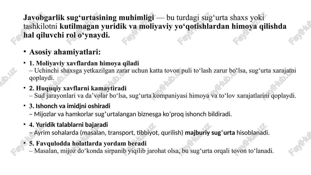 ri faoliyat turi yuqori xavfli sohalar (qurilish, tibbiyot) — qimmatroq sug‘urta summasi qoplash limiti qancha yuqori bo‘lsa — narx shuncha katta risk tarixi oldingi da’volar mavjud bo‘lsa — tarif oshadi ishchilarning soni ko‘proq xodim – ko‘proq xavf yillik daromad daromad yuqori bo‘lsa, potentsial xavf ham yuqori tejamkorlik jihatlari: katta yo‘qotishlardan saqlaydi: birgina da’vo minglab dollarlik zarar olib kelishi mumkin. sud xarajatlarini qoplaydi: yuridik jarayonlar tejamkorlikning asosiy elementi. reputatsiyani saqlaydi: mijozlar ishonchini yo‘qotmaslik – uzoq muddatda daromadni ushlab qolish. uzoq muddatli investitsiya: kichik sug‘urta to‘lovi evaziga katta xavf o‘z zimmasiga olinadi. misollar va amaliy holatlar 1 mijoz bilan nizolar sug'urta katta moliyaviy zararlarni kamaytiradi. 2 mahsulotdagi xato tez va samarali da'vo hal qilinishi. 3 huquqiy talablar tinchlik va barqarorlikni ta'minlaydi. 13 xulosa zarar va huquqiy da'volarni qoplaydi. har qanday biznes va shaxslar uchun muhim. javobgarlik sug'urtasi sizni moliyaviy risklardan samarali himoya qiladi. 14 foydalanilgan adabiyotlar rejda, g. e., & mcnamara, m. …