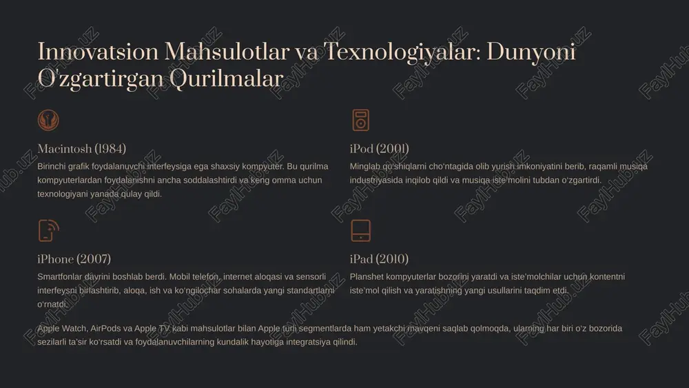 94 milliard dollarga yetdi, bu uning yuqori rentabelligi va samarali boshqaruvini ko‘rsatadi. 164k+ xodimlar soni dunyoda 164,000 dan ortiq xodim ishlaydi, bu ulkan ishchi kuchi kompaniyaning keng qamrovli operatsiyalarini qo‘llab-quvvatlaydi. $3.5t+ bozor kapitallashuvi 2025-yilga kelib bozor kapitallashuvi 3.5 trillion dollardan oshishi kutilmoqda. bu ko‘rsatkich apple'ni dunyodagi eng qimmatli kompaniyalardan biriga aylantiradi. bu raqamlar apple'ning nafaqat texnologiya sohasida, balki global iqtisodiyotdagi mutlaq yetakchiligini tasdiqlaydi. 1.7.2013 5 ‹#› jahon bozoridagi yetakchilik: texnologiya gigantining hukmronligi apple texnologiya sanoatida shubhasiz yetakchi bo‘lib, o‘zining innovatsion mahsulotlari va kuchli brend identifikatori bilan global bozorga hukmronlik qiladi. kompaniya turli segmentlarda eng yuqori sotuv hajmlariga ega va ko‘plab bozorlarda yetakchi o‘rinlarni egallaydi. eng yirik texnologiya kompaniyasi apple "big tech" guruhining asosiy a’zosi bo‘lib, doimiy ravishda dunyodagi eng yirik va qimmatli texnologiya kompaniyalari orasida yuqori o‘rinlarni egallaydi. mobil telefonlar bo‘yicha global lider iphone modelining doimiy mashhurligi tufayli apple mobil telefonlar bo‘yicha dunyodagi eng katta sotuvchiga aylangan. premium segmentdagi ustunligi …