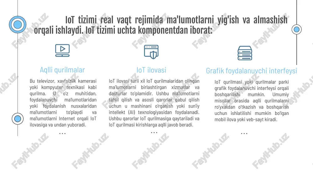 xarajatlarini kamaytirish. ish joylaridan samaraliroq foydalanish. iot arxitekturasi sensor va aktuatorlar; internet shlyuzlari va ma’lumotlarni yig‘ish tizimlari ma’lumot markazi va bulut iot arxitekturasining asosiy xususiyatlari quyidagilardan iborat: funksionallik, masshtablilik, foydalanishga yaroqliligi va barqarorligi. quyidagi elementlar iot dasturiy ishlash texnologiyasining asosiy qismlari hisoblanadi: ma'lumotlar almashinuvi va tahlil qilish: dastur, sensorlar va datchiklar orqali olingan ma'lumotlarni qabul qiladi va ulashadi. ular ma'lumotlarni tahlil qiladi, zarur bo'lgan malumotlarni izlaydi va shakllantiradi. internetga ulanish dastur internetga ulanishni ta'minlaydi, shunday qilib, ma'lumotlarni uzak serverlarga yuboradi yoki ulardan olish uchun. ma'lumotlar tarmoqlari: dastur iot qurilmalari orasidagi ma'lumot almashinuvi va boshqarish uchun ma'lumotlar tarmoqlari bilan ishlashni ta'minlaydi. ular, wi-fi, bluetooth, zigbee, lte va boshqa tarmoqlardan foydalana olishadi. boshqaruv tizimi: dastur iot qurilmalari, aqli qurilmalar va boshqa qurilmalar orasidagi o'zaro almashinuvi va boshqarishni yordam beradi. bunda, foydalanuvchilar uchun interfeyslar, nazorat paneli va boshqarish dasturlari shamil bo'lishi mumkin. 01 03 04 02 xavfsizlik iot dasturlarida ma'lumotlar xavfsizligi katta ahamiyatga …