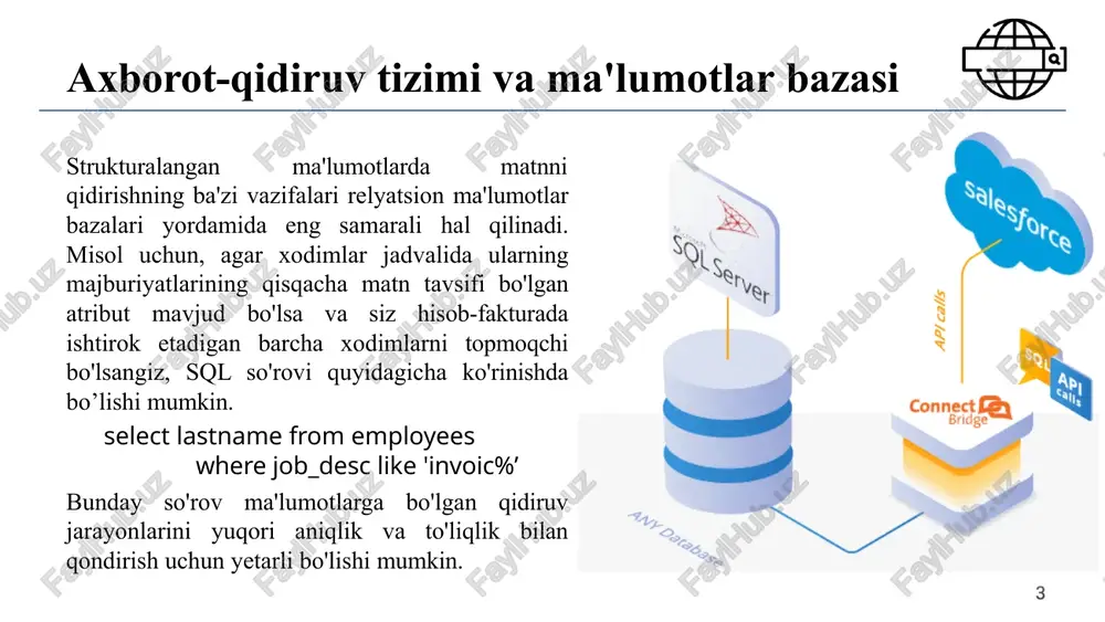 igan eng kichik birlikni qaytaradigan qidirish strategiyasini qo’llab quvatlaydi. biroq, bu prinsipni algoritmik tarzda amalga oshirish qiyin bo'lishi mumkin. xml qidirish uchun vektor fazo modeli foydalanuvchi tomonidan berilgan so’rov tegishli hujjatning sarlavha qismiga yoki muallif qismiga tegishli bo’lishi mumkin. misol uchun, abdulla qodiriy so’rovida ishtirok abdulla so’zi aynan muallif nomi yoki hujjat sarlavhasini anglatishini aniqlab olish kerak bo’ladi. xml qidiruvida kitob sarlavhasidagi abdulla so'zini va muallifning abdulla nomini farqlashimiz kerak. buning uchun so'zni xml daraxtidagi o'rni bilan birga kodlash uchun vektor maydonida alohida o'q ajratishimiz mumkin. 9 matn va maʼlumotlarga asoslangan xml qidiruvi matn ham, struktura ham muhim bo'lsa-da, biz matnga ustunlik beramiz. buning uchun biz qo'shimcha strukturaviy cheklovlarni hal qilish uchun tuzilmagan qidiruv usullarini moslashtiramiz. bizning yondashuvimiz farazlari shundan iboratki, xml hujjatlarini qidirish: uzun matn maydonlari (masalan, hujjat bo'limlari), noaniq moslik tegishlilik bo'yicha tartiblangan natijalar ro'yxati bilan tavsiflanadi. relyatsion ma'lumotlar bazalari bunday muammolarni hal qilishda yaxshi emas. 10 11 …