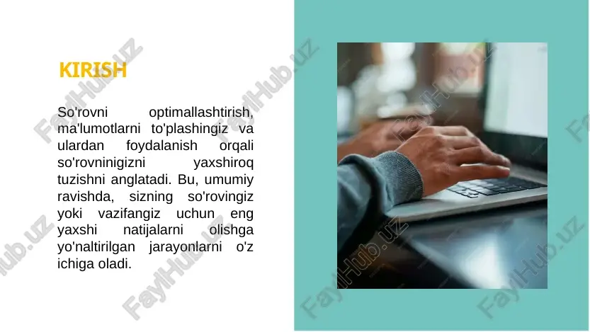 va foydalanuvchilarning talablari bilan tanishish, ularning maqsad va ehtiyojlarini tushunishda yordam bera oladi. bu, foydalanuvchilarning so'rovlarni ishlatishda o'zlarining maqsadlariga yo'naltirilgan va foydalanishlarini osonlashtirishda yordam bera oladi. ma'lumotlarni yaxshi tuzish: so'rovlarni optimallashtirish, olingan ma'lumotlarni yaxshi tuzish va bu ma'lumotlarni boshqa tadbirlar uchun yaxshi aniqlovchi va foydalanishga mo'ljallangan bo'lishini ta'minlaydi. so'rovlarni optimallashtirishning asosiy maqsadi, boshqa bir ifoda bilan "qulaylashtirish" yoki "yaxshi natijalarga yetishtirish"dir. bu jarayon, so'rov tizimlarini yaxshi ishlash va foydalanuvchilar uchun qulayroq qilish uchun olib chiqiladi. quyidagi muhim maqsadlar haqida to’xtalamiz: so'rovlarni optimallashtirish, ma'lumotlar tizimlarini yaxshi ishlash, foydalanuvchilar uchun samarali tajribani ta'minlash va ma'lumotlar tahlili uchun muhimdir. quyidagi muhim nuqtalarni xulosa qilsa bo'ladi: yaxshi tuzilgan so'rovlarni ishlatish: foydalanuvchilar bilan aloqada bo'lish: ma'lumotlarni to'plash va tahlil qilish: yaxshi javoblar olish: ma'lumotlar yangiliklarini integratsiya qilish: so'rovlarni optimallashtirishni foydalanuvchilar uchun yaxshi tajribaga olib keladi, qulaylik va samarali foydalanishni ta'minlaydi va ma'lumotlarni yaxshi tuzish orqali aniq va foydali javoblar olishga yordam bera oladi. xulosa e’tiboringiz …