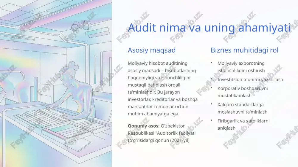 llik tamoyilini ta'minlash mexanizmlari auditorlik xizmatlarining sifat nazorati professional mas'uliyat va intizom choralari risklarni aniqlash va baholash ichki nazorat tizimi korxonaning ichki nazorat tizimini o'rganish va uning samaradorligini baholash zarur. xatolik xavflari moliyaviy hisobotda yuzaga kelishi mumkin bo'lgan xatoliklar va firibgarlik xavflarini aniqlash. risklar tahlili har bir risk omilini baholash va ularning ta'sir darajasini aniqlash muhim bosqichdir. strategiya moslashuvi auditorlik strategiyasini aniqlangan risklarga moslashtirish va audit jarayonini rejalashtirish. rejalashtirishda foydalaniladigan vositalar audit dasturi audit dasturi – bu audit jarayonining batafsil reja-tadbiri bo'lib, unda barcha kerakli protseduralar, ularning bajarilish tartibi va mas'ul shaxslar ko'rsatiladi. audit maqsadlari va doirasi bajarilishi lozim bo'lgan protseduralar ro'yxati vaqt jadvali va resurslar taqsimoti chek ro'yxatlari chek ro'yxatlari auditorlarga barcha zarur tekshiruvlarni amalga oshirishda yordam beradi va hech qanday muhim jihatni o'tkazib yubormaslik imkonini beradi. kompyuterlashtirilgan tizimlar zamonaviy audit dasturiy ta'minoti ma'lumotlarni qayta ishlash, tahlil qilish va hujjatlashtirish jarayonlarini sezilarli darajada tezlashtiradi. xalqaro metodologiyalar isa standartlariga mos …