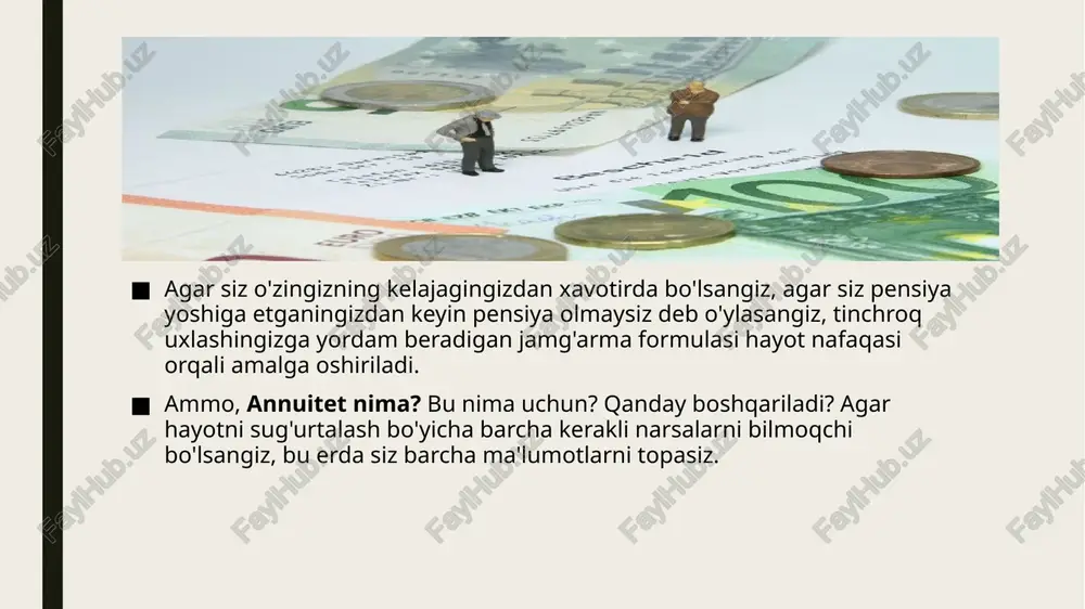 sug'urtasi mavjud bo'lganda bo'ladi, chunki agar mavjud bo'lsa, siz mahsulotning soliq imtiyozlaridan foydalanishingiz mumkin (agar sizda yo'q bo'lsa, bunday bo'lmaydi). sizga xavfsizlik beradi. annuitetga ega bo'lish nafaqaga chiqqaningizda xotirjam bo'lishingizga yordam beradi. va shuni anglatadiki, sug'urta miqdori oylik to'lashni kafolatlaydi, bu sizning pulingizni to'lashdan tashvishlanmasligingizni anglatadi. siz merosni rejalashtirishingiz mumkin. annuitet merosxo'rlar uchun meros vazifasini o'tashi mumkin, shunday qilib bu pul odamga qoladi. annuitetni qanday yollash kerak ispaniyada bir necha yil ichida pensiya tizimi faol bo'lib qoladimi yoki biz pensiya pog'onasiga etganimizda bunga loyiq bo'ladimi yoki yo'qligini bilmasligimizni hisobga olsak, ko'proq odamlar tanlaydilar oylik daromad olishiga ishonch hosil qilish uchun hayotni sug'urtalash sug'urtasini oling uning kunlari oxirigacha yoki hatto undan keyin ham merosxo'rlar uchun. ammo buni amalga oshirish uchun nima qilish kerak? turli xil sug'urtalovchilarning aktsiyalarini tekshiring sug'urtalovchilar, shuningdek banklar o'zlarining kataloglarida ushbu xizmat turiga ega bo'lishlari mumkin va ularning nimani taklif qilishlarini bilish uchun ularning bir nechtasini o'rganish qiziq …