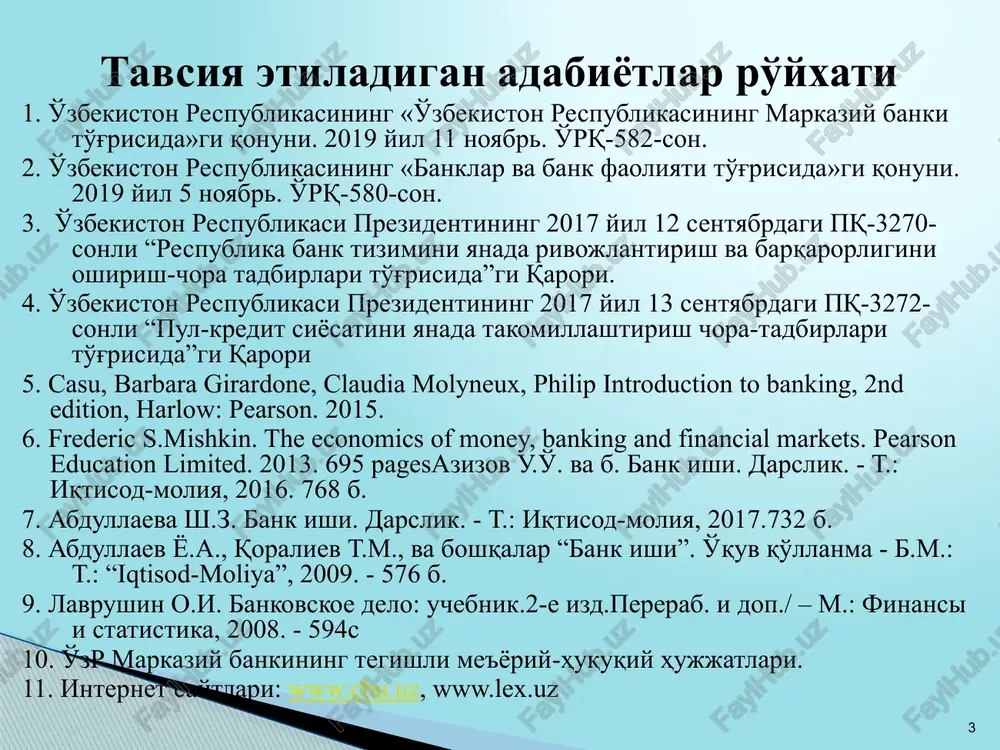 to'plangan pul mablag'lari asosan ikkita yo'nalishga transformatsiya qilinadi: 1. kreditlar sifatida joylashtiriladi. 2. qimmatli qog'ozlar sotib olishga yo'naltiriladi. 3. pul aylanmasini tashkil qilish va boshqarish funktsiyasi ushbu funktsiya doirasida tijorat banki: * yuridik va jismoniy shaxslardan naqd pullarni qabul qilib oladi va ularga naqd pullarni beradi; * naqd pulsiz hisob-kitoblarni amalga oshiradi; * muomalaga plastik kartalarni chiqaradi va ular orqali to'lovlarning o'tishini tashkil qiladi; * tijorat veksellarini muomalaga chiqaradi (moliyaviy veksellar) va korxonalar tomonidan chiqarilgan tijorat veksellarini o'zining diskont stavkasi bo'yicha sotib oladi. tijorat bankining operatsiyasi deganda ma'lum bir bank mahsulotini yaratish maqsadida amalga oshirilgan harakatlar tushuniladi. 1. “tijorat banki operatsiyasi” tushunchasining mazmuni. an'anaviy bank mahsulotlari: * depozitlar; * kreditlar; * qimmatli qog'ozlarga investitsiyalar; * qimmatliklarni saqlash; * valyuta ayirboshlash; * hisob-kitoblar. noan'anaviy bank mahsulotlari: * faktoring; * forfeyting; * trast; * kafolat; * boshqa mahsulotlar 2. tijorat banklarining passsiv operatsiyalari. tijorat bankining passiv operatsiyalari deganda bankning kapitalini shakllantirish va …