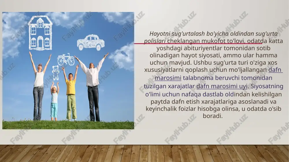 ekmaydigan erkak uchun 10 yillik siyosat aqshning raqobatbardosh hayot bozorida 100000 dollarlik siyosat uchun yiliga 90 aqsh dollaridan past bo'lgan takliflarni olishi mumkin. tamaki toifasidagi odamlar o'lim darajasi yuqori bo'lganligi sababli odatda ko'proq mukofotlar to'lashlari kerak. so'nggi aqsh o'lim jadvallari 25 yoshdagi sigaret chekmaydigan 1000 erkakning taxminan 0.35-si siyosatning birinchi yilida o'lishini taxmin qilmoqda. o'lim har o'n yoshda taxminan ikki baravar ko'payadi, shuning uchun birinchi yilda chekmaydigan erkaklar o'limi darajasi 65 yoshdagi 1000 kishidan 2,5 ga teng. buni aqsh aholisi sonining 25 yoshida 1000 ga 1,3 va 65 yoshida 19,3 erkak o'lim ko'rsatkichlari bilan solishtiring (sog'liq va chekish holatini hisobga olmaganda). sug'urta va ishonch "sug'urta" va "kafolat" atamalarining o'ziga xos ishlatilishi ba'zan chalkashib ketadi. umuman olganda, har ikkala atama qo'llaniladigan yurisdiktsiyalarda "sug'urta" hodisani qoplashni ta'minlaydi mumkin sodir bo'lishi (yong'in, o'g'irlik, toshqin va hk), "ishonch" esa bu voqea uchun qamrovni taqdim etadi aniq sodir bo'lishi. qo'shma shtatlarda har ikkala mahsulotni sotadigan …