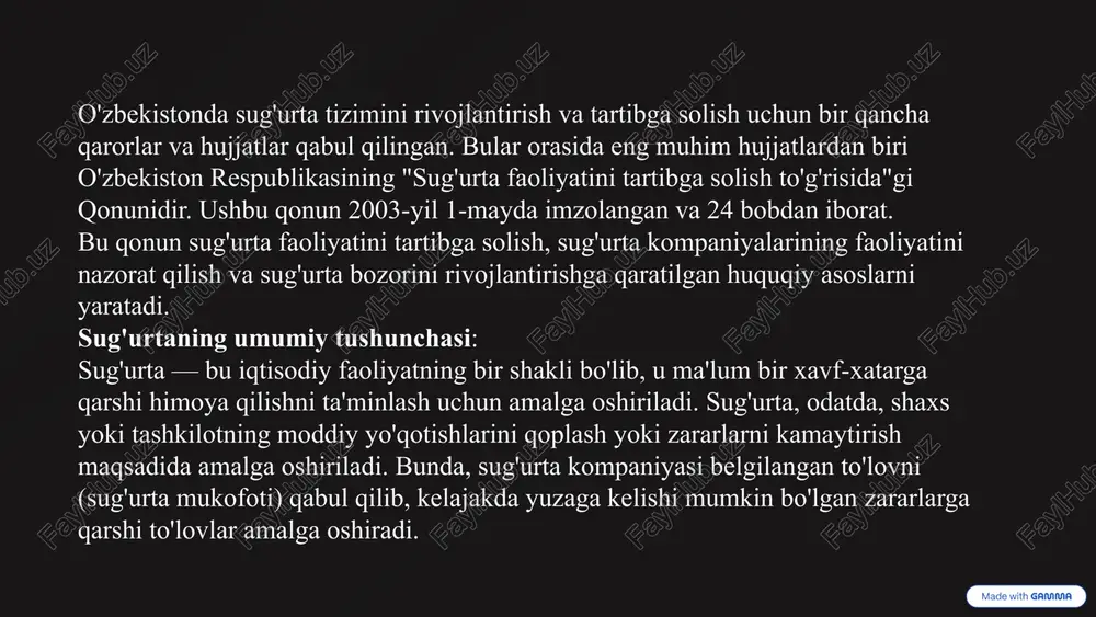lan, mehnatga qobiliyatsiz bo'lsa), majburiy sug'urta ularga moliyaviy yordam ko'rsatadi. sug'urta tizimi aholi orasida xavfsizlikni ta'minlaydi, chunki yirik tabiiy ofatlar yoki baxtsiz hodisalar yuzaga kelsa, tizim davlat tomonidan boshqariladi va ko'plab shaxslar birgalikda zararlarni qoplashga yordam beradi. 7 davlat majburiy sug'urtasi tizimining kamchiliklari: fuqarolarga ortiqcha yuk: ba'zi hollarda majburiy sug'urtalar fuqarolarga ortiqcha moliyaviy yuk bo'lishi mumkin. bu, ayniqsa, daromadi past bo'lganlar uchun muammo tug'dirishi mumkin. sug'urta to'lovlarida adolatsizlik: sug'urtaning to'lovlari adolatsiz tarzda taqsimlanishi mumkin, ya'ni ba'zi shaxslar va kompaniyalar katta miqdordagi to'lovlarni amalga oshirsa, boshqalar kam miqdorda to'lov qilishi mumkin. bu tizimning adolatli ishlashiga zarar yetkazadi. boshqaruvdagi murakkabliklar: davlat sug'urtasi tizimining samarali ishlashi uchun murakkab boshqaruv tizimi kerak. ba'zi mamlakatlarda bu tizimda korrupsiya yoki boshqaruvdagi kamchiliklar yuzaga kelishi mumkin. 8 sug`urta tashkilotining tashkiliy tuzilmasi sug'urta tashkilotining tashkiliy tuzilmasi — bu sug'urta kompaniyasining faoliyatini samarali boshqarish va tashkiliy tuzilmasini tashkil etuvchi bo'limlar va ularning o'zaro aloqalarini belgilovchi tizimdir. sug'urta kompaniyasining tashkiliy …