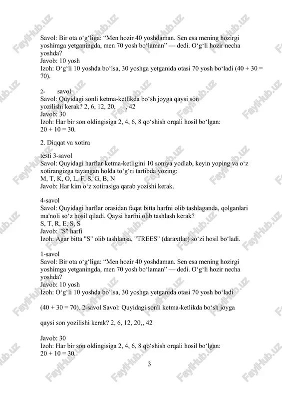 u kaysi baliq? a) barrakuda b) kit v) delfin g) cho‘rtan d) akula 4. bu davlatni ko‘pincha "qoldiq xayvonlar muzeyi" deb atashadi. u qaysi davlat? a) antarktida b) indiya v) afrika g) janubiy amerika d) avstraliya 5. uglevodorodlardan biri va osiyodagi davlatni birlashtiruvchi nomni aniqlang. a) ko‘mir b) butan v) barrel g) siam d) uganda 6. "yuzida tabassumi bo‘lmagan sotuvchi ertalab do‘konni ochishga haqqi yo‘q" maqoli qaysi millatga tegishli? a) arab b) xitoy v) rus g) hind d) o‘zbek 7. dunyoda yetti mo‘jizadan biri hisoblangan "zevs" haykali gretsiyaning qaysi orolida joylashgan edi? a) ​rodos b) famnos v) lesbos g) krit d) bolqon 8. avstraliyaning tub aholisi – bu... a) bushmenlar b) aborigenlar v) pigmeylar g) maorilar d) pushtunlar 9. tanadagi qaysi chiziqlar orqali xiromant fol ochishi mumkin? a) ​qo‘l chiziqlari b) og‘iz chiziqlari v) lab chiziqlari g) tana chiziqlari d) peshona chiziqlar 10. aqshdagi ozodlik haykali qanday foydali vazifani bajaradi? …