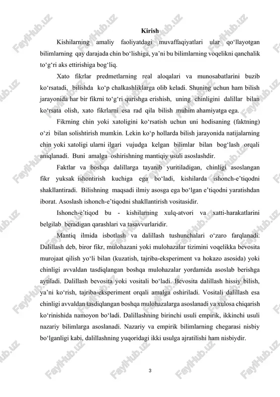 llanishida muhim rol o‘ynaydi. 2. isbotlash va uning tarkibi isbotlash turlari. kishilarning amaliy faoliyatdagi muvaffaqiyatlari ular qo‘llayotgan bilimlarning qay darajada chin bo‘lishiga, ya’ni bu bilimlarning voqelikni qanchalik to‘g‘ri aks ettirishiga bog‘liq. xato fikrlar predmetlarning real aloqalari va munosabatlarini buzib ko‘rsatadi, bilishda ko‘p chalkashliklarga olib keladi. shuning uchun ham bilish jarayonida har bir fikrni to‘g‘ri qurishga erishish, uning chinligini dalillar bilan ko‘rsata olish, xato fikrlarni esa rad qila bilish muhim ahamiyatga ega. fikrning chinligini tasdiqlash uchun uni hodisaning (faktning) o‘zi bilan solishtirish mumkin. lekin ko‘p hollarda bilish jarayonida natijalarning chinligi ularni ilgari vujudga kelgan bilimlar bilan bog‘lash orqali aniqlanadi. buni amalga oshirishning mantiqiy usuli isbotlashdir. isbotlash bir hukmning chinligini u bilan bog‘langan boshqa chin hukmlar yordamida asoslashdan iborat bo‘lgan mantiqiy amaldir. uning tarkibi uch elementdan tashkil topgan: tezis, argumentlar (asoslar), isbotlash usuli – demonstratsiya. tezis – chinligi asoslanishi lozim bo‘lgan hukm. tezis bir mulohazaning o‘zidan, yoki mulohazalar tizimidan, yoki teoremalardan, yoki …
