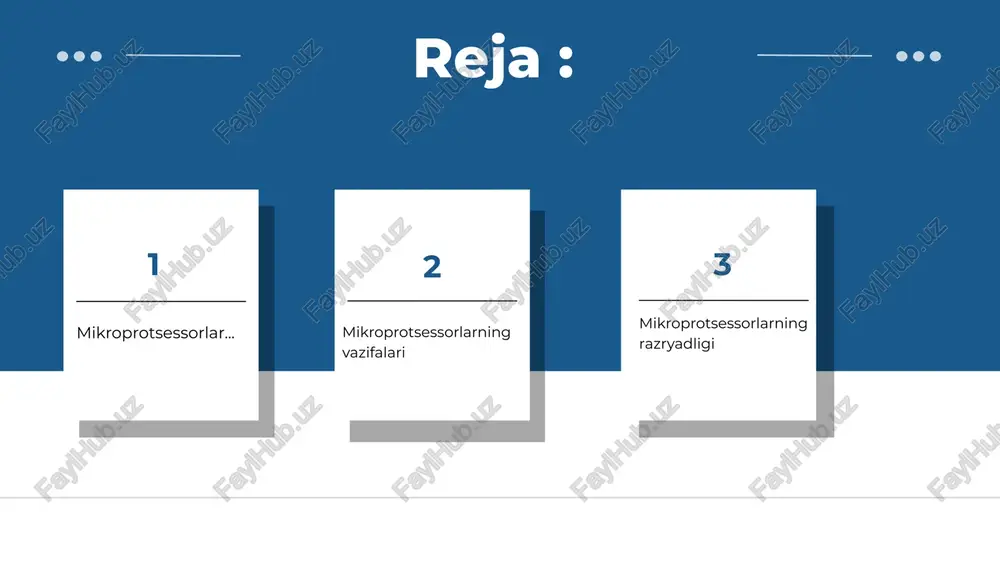 : mikroprotsessor va boshqa komponentlarni o‘z ichiga oladi. masalan, arduino (atmega), stm32. system-on-chip (soc): bitta chipga to‘liq tizim joylashtirilgan. masalan, qualcomm snapdragon, apple m1. 5. quvvat samaradorligiga qarab: yuqori samaradorlikka ega mikroprotsessorlar: ishlash tezligi ustuvor. masalan, server protsessorlari. kam quvvat iste’mol qiluvchi mikroprotsessorlar: mobil qurilmalar uchun optimallashtirilgan. masalan, arm cortex-m seriyasi. xulosa mikroprotsessorlarning razryadligi uning ma’lumotlarni qayta ishlash imkoniyati va tezligini belgilovchi muhim omildir. razryadlikning o‘sishi bilan protsessorlar ko‘proq ma'lumotni bir vaqtda qayta ishlay oladi va kengroq xotira adreslash imkoniyatiga ega bo‘ladi. muhim jihatlar: 1. 8-bitli va 16-bitli protsessorlar oddiy qurilmalarda, mikroelektronika va iot texnologiyalarida qo‘llaniladi. 2. 32-bitli protsessorlar dastur va apparat o‘rtasida muvozanatli variant bo‘lib, o‘rta darajadagi tizimlar uchun mosdir. 3. 64-bitli protsessorlar zamonaviy kompyuter, server va og‘ir hisoblash talab qiluvchi tizimlar uchun standartga aylangan. kelajakda yuqori razryadli protsessorlar texnologiyaning rivoji bilan birga qo‘llanilishi kutilyapti, ammo hozircha 64-bitli tizimlar amaliyotda yetarli darajada samaradorlikni ta'minlamoqda. razryadlikni tanlash qurilma vazifasi va …