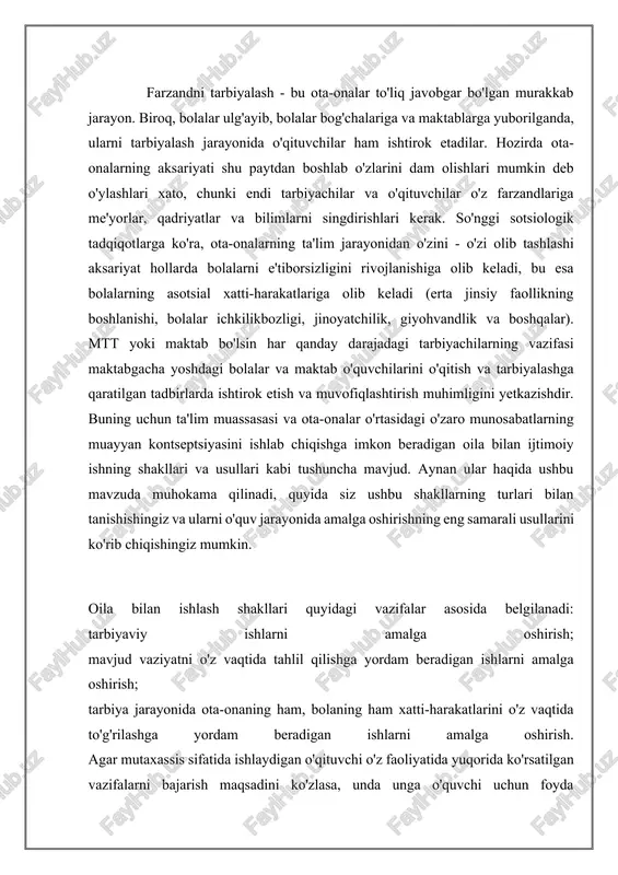 li o‘yinlar, harakat faolligi, tasviriy faoliyatga oid ishlar bilan shug‘ullanmaydilar. boshqa oilalarda bolani o‘yinchoqlar va televizor bilan yakkama-yakka qoldirib, bu unga yoqadi va rivojlanishi uchun yetarli bilim beradi deb hisoblashadi. ota-ona quyidagi huquqlarga ega: a) o‘z bolalari uchun ta'lim-tarbiya shakllarini, davlat, nodavlat, maktabgacha ta'lim tashkilotida ta'lim berish tilini tanlash; b) davlat va nodavlat maktabgacha ta'lim tashkilotida bolalarga ta'lim-tarbiya berish uchun zarur shart-sharoitlar yaratilishini hamda bolaning shaxsiga nisbatan hurmat bilan munosabatda bo‘lishni talab qilish; v) muassasa bilan tuzilgan shartnoma shartlarida belgilangan tartibda kun davomida o‘ziga qulay bo‘lgan vaqtda bolalarni davlat maktabgacha ta'lim tashkilotidan olib ketish huquqiga ega. g)ota-onalar qonun hujjatlariga va shartnomaga muvofiq boshqa huquqlarga ham ega bo‘lishlari mumkin. ota-onaning majburiyatlari: a) belgilangan normativlarga muvofiq bolaning davlat maktabgacha ta'lim tashkilotida bo‘lgan davri uchun badal to‘lovini o‘z vaqtida to‘lash; b)bolalarning to‘laqonli ovqatlanishini, ularda shaxsiy gigiena ko‘nikmalari shakllantirilishini qat'iy kuzatib borish, bolani davlat maktabgacha ta'lim tashkilotiga ozoda kiyingan holda olib kelish. v)ota-onalar qonun …