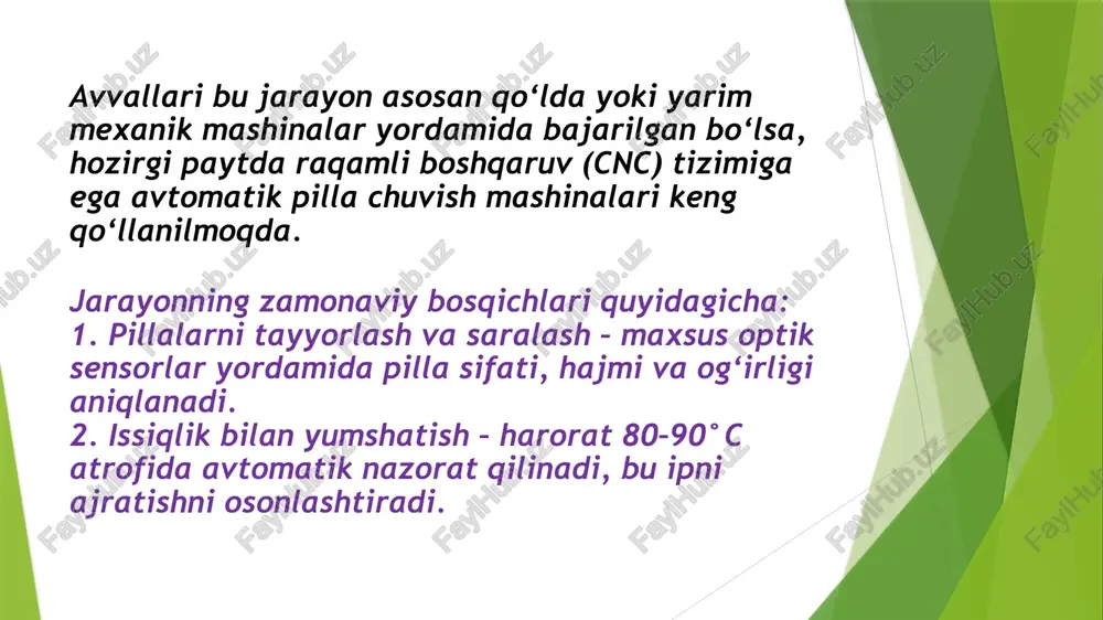 o‘nalishlari xitoy, hindiston, yaponiya, janubiy koreya va o‘zbekiston ipakchilik mashinalari ishlab chiqishda faol. xitoyning “suzhou silk machinery co.” firmasi eng ilg‘or avtomatik mashinalarni ishlab chiqmoqda. o‘zbekistonda esa “atlas ipak”, “bukhara silk factory” va boshqa korxonalar yarim avtomatik mashinalarni joriy etmoqda. qo‘lda boshqariladigan (yarim mexanik) mashinalar bu mashinalarda ba’zi jarayonlar — masalan, pillani suvga solish, ip uchini topish — qo‘lda bajariladi. mashina asosan kichik sexlar va o‘quv markazlarida ishlatiladi. oddiy tuzilishga ega, arzon, texnik xizmat ko‘rsatish oson. bitta operator bir vaqtning o‘zida 2–4 ta pillani chuvishi mumkin. 🟢 afzalligi: ishlab chiqarish xarajati kam. 🔴 kamchiligi: mehnat ko‘p, ishlab chiqarish sekin. yarim avtomatik mashinalar bu mashinalar mexanik harakatlar bilan birga elektr dvigatel va sensorlar yordamida ishlaydi. pilla suvda isitiladi, ip uchi topiladi, keyin ip avtomatik tarzda g‘altakka o‘raladi. harorat va tezlik qo‘lda sozlanadi, ammo baraban aylanishi elektr bilan boshqariladi. 🟢 afzalligi: ish samaradorligi oshgan. 🔴 kamchiligi: operator nazorati zarur. to‘liq avtomatik mashinalar …