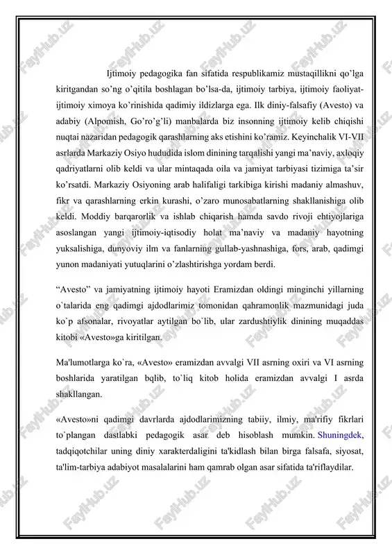 yaxshi fikr, yaxshi sqz, yaxshi ishga shon-shavkat baxsh etaman. men yaxshilikdan iborat mazda qonuniga shon-shavkat baxsh etaman» zardusht ta'limotida 15 yosh balog`at yoshi sanalgan. usmir balog`at yoshiga yetganda zardusht qonunlari, axloqiy yo`riqlari o`rgatilgan. usmirlarning xudojo`y, mehnatkash, adolatli, uy-niyatlari, so`zlari, ishlarida halollikka alohida e'tibor berilgan. zardushtiylikning axloqiy yo`riqlariga binoan insonning o`z burchini xis etishining eng birinchi belgisi ma'naviy poklik hisoblangan. bunda ayniqsa, ayollarga, jumladan homilador ayollarga g`amxo`rlik qilish asosiy insoniy burch hisoblangan. tozalikka rioya qilish - insonning o`z tozaligiga rioya qilishi, kanallar, ko`llar, suv havzalarining tozaligiga alohida e'tibor berilgan. fuqarolik jamiyatini shakllantirishda rostgo`ylik, qaqiqat, demokratiya, o`z huquqini bilish va talab etish doimo muqim ijtimoiy masalalarning biri bo`lib kelgan. shu manoda “avesto”dek nodir yodgorlik ayniqsa ijtimoiy-pedagogik masalalarni tarixiy nuqtai nazardan yoritganligi bilan aloqida aqamiyat kasb etadi. yunon tarixchisi gerodotning ta'kidlashicha markaziy osiyoda qaqiqatga, tartibga siqinish zardushtiylik dini shakllangunga qadar qam mavjud bo`lgan, haqiqatga sajda qilish-do`stga bo`yin egish bu buyuk qonun hisoblangan. bu …