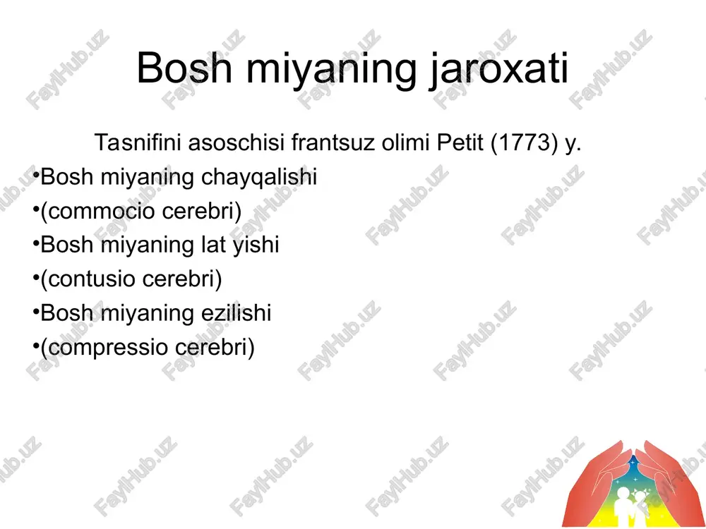 qon bosimini ushlab turish, qondagi oksigenatsiyani ta’minlab berish venoz qon aylanishini kuchaytirish termoregulyatsiya gipotermiya); farmokologik miya ichi qon aylanishini ta’minlash nootrop terapiya sudorgilarni korreksiyalash (lorazepam, diazepam, valproevaya kislota); likvorni hajmini kamaytirish (ventrikulyar drenaj, osmodiuretik saluretiklar); ikkilamchi asoratlarni oldini olish «make big cranioectomy and go home to sleep- katta qilingan kraniotomiya skalp yarasi, terini nuqsoni 15 x 20 sm avval keyin posttravmatik kalla suyagini defekti avval keyin qovurg’alar bilan autokranioplastikasi