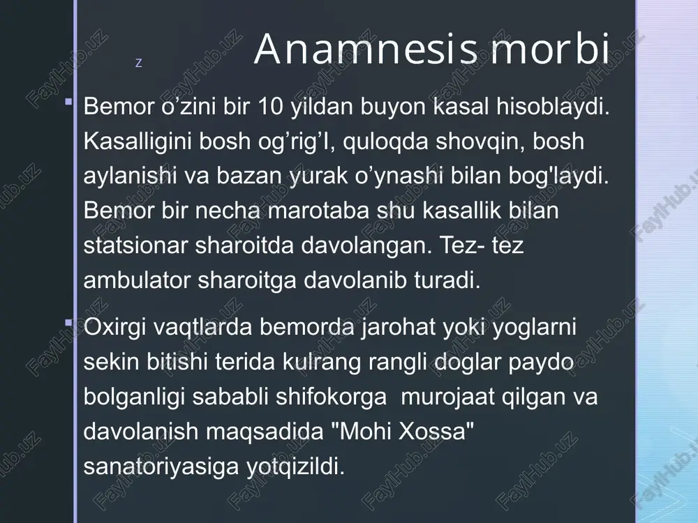 y holsizlik bemor yuzi simmetrik, ongi aniq, savollarga aniq va to'g'ri javob beradi. harakatlari aniq, parez, paralichlar yo'q bosh miya nervlari o'zgarishsiz patologik reflekslar aniqlanmadi. z dastlabki diagnoz: qandli diabet 2 tip. yondosh kasallik arterial gipertenziya z tekshirish rejasi laborator umumiy qon tahlili qon biokimyoviy tahlil siydik tahlili axlat tahlili qon ivish ko'rsatkichi instrumental ekg, exokg jigar, taloq uttsi oftalmolog, nevrolog endekrinolog konsultatsiyasi z qonning biokimyoviy tahlili z qon taxlil kursatkichlar natija norma glyukoza (tongi) 9,7 mmol/l 4,2-6,4 glyukoza (1 soat) 16,1 mmol/l ≤ 8,2 glyukoza (2 soatdan sung) 18,0 mmol/l ≤ 7,0 z siydik tahlili ko'rsatma natija norma miqdori 100ml 100ml rangi somon rangda somon rang tiniqligi tiniq tiniq solishtirma og'irligi 1024 1012-1024 oqsil - - glukoza - - epiteliy 2-4 2-5 eritrosit - - leykotsit 1-2 2-4 z axlat tahlili ko'rsatkichlar natija muskul to'qimasi - birik. to'qima 2-3 epiteliy leykosit eritrosit yo'q sodda hayvonlar aniqlanmadi gijja tuxumlari aniqlanmadi …