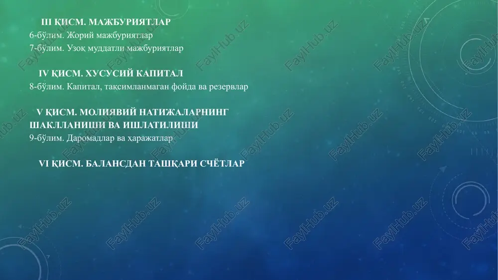 a mablag'larining valyuta schyotiga topshirilishi 5210, 5220 5020 3 investitsiyaga mablag'larning qo'yilishi 0600, 5800 5210, 5220 4 qisqa muddatli kreditlar va qarzlar qoplandi 6810-6840 5210, 5220 4-§. bankdagi maxsus schyotlardagi pul mablag'larini hisobga oluvchi schyotlar (5500) operatsiyalar mazmuni. debit kretdit 1 depozit ishtirokchisi sifatida aktsiya obunachilaridan bo'nak summasining olinishi 5530 6320 2 sotish xarajatlarining to'lovi chek bilan amalga oshirildi 9410 5520 3 ishlatilmagan summaning muddat oxirida qaytarilishi: a) akkreditivlar; b) chek daftarchalari. 5110-5220 5110-5220 5510 5520 4 sotib olingan putyovkalar uchun maxsus schyotdan to'langan summa 5610 5530 image2.png image3.png /docprops/thumbnail.jpeg