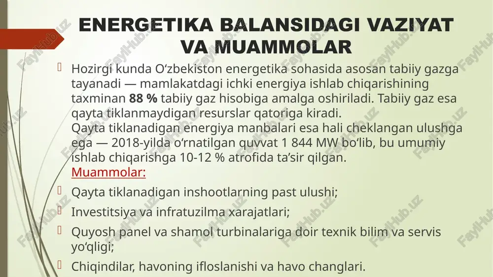 lar imkoniyatlar: o’zbekistonning qulay iqlim sharoiti sababli keng quyosh radiatsiyasi va shamol resurslari; xalqaro investitsiyalar va moliyaviy qo‘llab-quvvatlash (yeoj, qatnashchi investitsiyalar); innovatsion startap va texnologiyalarni rivojlantirish; “yashil iqtisodiyot” konsepsiyasi bilan yangi ish o‘rinlari yaratilishi. qiyinchiliklar: investitsiya va yuqori boshlang‘ich xarajatlar; energiya saqlash (battery) texnologiyalarining yetishmasligi; quvvat uzilishi va tarmoqlarni mustahkamlash zarurati; chiqindilar, chang bo‘ronlari va texnik xizmat ko‘rsatish muammolari. xulosa 2025-yil “atrof-muhitni asrash va ‘yashil’ iqtisodiyot yili” bo‘lishi — o‘zbekistonning barqaror va ekologik toza kelajak sari yo‘li. raqamlar shuni ko‘rsatadiki, qayta tiklanadigan energiya ulushi oshib bormoqda: 2024-yilda ~ 20 % ga yetgan. loyihalar — kges, chiqindidan energiya, smr yadro stansiyasi — muhim bosqichlardir. ammo bu islohotlarning muvaffaqiyati faqat davlat emas, har bir fuqaroning ekologik mas’uliyati, hamkorligi va qat’iyatiga bog‘liq. “tabiatni asraylik — kelajak avlodga qarzimizdir!” /docprops/thumbnail.jpeg