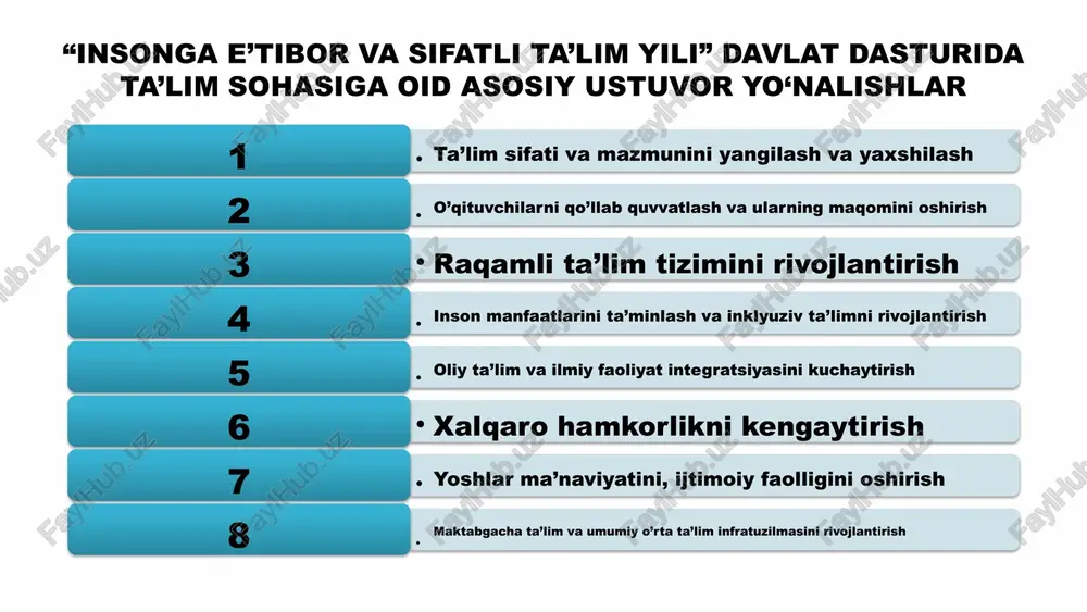 ma’naviyati va ijtimoiy faolligini oshirish maqsad: yosh avlodni vatanparvarlik, insonparvarlik, tashabbuskorlik va ma’naviy barkamollik ruhida tarbiyalash. asosiy yo‘nalishlar: yoshlar uchun ma’naviy-ma’rifiy dasturlarni kengaytirish; sog‘lom turmush tarzini targ‘ib etuvchi tadbirlarni ko‘paytirish; “yoshlar klublari” va “liderlik maktablari” faoliyatini qo‘llab-quvvatlash; kitobxonlik madaniyatini oshirish va intellektual tanlovlarni tashkil etish. ijrosi: 2024-yil davomida 5000 dan ortiq ma’naviy tadbir o‘tkazildi, 200 dan ortiq yoshlar markazi faoliyati yo‘lga qo‘yildi. ustuvor yo‘nalish 8 — maktabgacha va umumiy o‘rta ta’lim infratuzilmasini rivojlantirish maqsad: har bir bola uchun qulay, xavfsiz va zamonaviy ta’lim muhitini yaratish, maktabgacha ta’limni qamrovini kengaytirish. asosiy chora-tadbirlar: yangi maktabgacha ta’lim muassasalarini qurish va mavjudlarini rekonstruksiya qilish; maktablarda zamonaviy laboratoriya va axborot texnologiyalari sinflarini jihozlash; uzoq hududlardagi bolalar uchun transport va internet imkoniyatlarini yaxshilash; ota-onalar bilan hamkorlikni kuchaytirish. ijrosi: 2024-yilda 500 dan ortiq yangi maktabgacha ta’lim muassasasi foydalanishga topshirildi, 1000 ga yaqin maktab ta’mirlanib, zamonaviy o‘quv qurollari bilan jihozlandi. “insonga e’tibor va sifatli ta’lim yili” davlat dasturi …