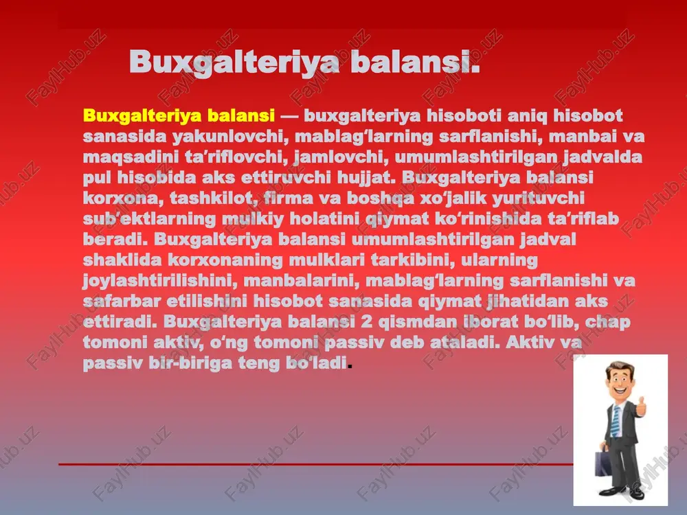 ladigan balans-netto shakli tuziladi. buxgalteriya balansi xisobot davrining boshi va oxirida sub'ektga tegishli bulgan mulkning xaqiqiy xolati va mavjudligini uzida aks ettiradi. balans tuzishga qadar, joriy yil oxiriga analitik schyotlarning oborot (aylanma)lari va qoldiqlari bilan bosh daftardagi schyotlarning oborot (aylanma)lari va qoldiqlari albatta taqqoslanishi zarur. joriy yil oxiriga bulgan balans ma'lumotlari sub'ektning tashkiliy kayta kurilishi, tovar-moddiy zaxiralarining kayta baxolanishi va boshqa shunta uxshashlarni xisobga olgan xolda, z-ustunda, ya'ni kirish balansining ma'lumotlari yil boshiga kursatiladi. balans moddalarining va umumiy summasining yil boshiga va yil oxiriga ma'lumotlarining bir-biriga mos bulishi uchun, tasdiqlangan balans moddalari yil oxiriga bulgan balans moddalari va guruxlangan bulimlariga mos keltirilishi shart. balansning axamiyati, vazifasi va tarkibi. 010. "asosiy vositalar" moddasida xam xarakatdagi, xam konservasiya yoki zaxiradagi asosiy vositalar tugr isida, ma'lumotlar kursatiladi. shuningdek, bu moddada yer unumdorligini oshirishga (meliorasiyalash, ularning zaxini yuvish, irrigasion va boshqa ishlar) qilingan kapital quyilmalar, ijaraga olingan binolar, inshootlar, jixozlar va asosiy vositalarga kiruvchi …