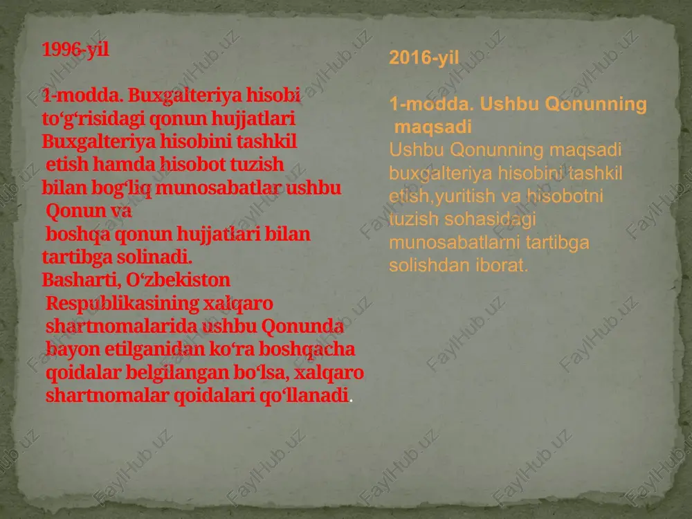 yxatini tasdiqlaydi. birinchi ro‘yxatga — rahbarlik vazifalarini amalga oshiruvchi shaxslar, ikkinchisiga — buxgalteriya hisobi va moliyaviy boshqarish vazifalarini amalga oshiruvchi shaxslar kiradi. ushbu moddaning ikkinchi qismida ko‘rsatilgan shaxslarning imzosi bo‘lmagan hujjatlar haqiqiy hisoblanmaydi. 8-modda. sintetik va analitik hisobsintetik hisob qonunchilikda belgilanadigan tartibda buxgalteriya hisobi obyektlari haqidagi ma’lumotlarni muayyan iqtisodiy belgilari bo‘yicha umumlashtirish yo‘li bilan amalga oshiriladi. analitik hisob buxgalteriya hisobi obyektlari haqidagi batafsil buxgalteriya axborotini shakllantirish maqsadida buxgalteriya hisobining subyekti tomonidan mustaqil ravishda belgilanadigan tartibda yuritiladi. 1996 2016 10-modda. buxgalteriya hisobi registrlari buxgalteriya hisobi registrlari ikki yoqlama yozuv qoidalariga muvofiq yuritiladigan jurnallar, qaydnomalar, daftarlar, tasdiqlangan blankalar (shakllar)dir. registrlar texnika vositalaridan foydalanishda olingan mashinogramma ko‘rinishidagi yozuvlar yo‘li bilan, shuningdek magnit tasmalari, disklar, disketlar va boshqa mashinalarda bajarilishi mumkin. registrlarni shakllantirish tartibi buxgalteriya hisobi standartlari bilan belgilanadi. buxgalteriya hisobi registrlariga tasdiqlanmagan tuzatishlarning kiritilishiga yo‘l qo‘yilmaydi. 10-modda. buxgalteriya hisobi standartlari buxgalteriya hisobi standartlari buxgalteriya hisobini yuritish va moliyaviy hisobotni tuzishga doir minimal talablarni …