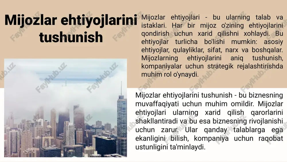 or o'sishni ta'minlaydi. mijozlar bilan aloqalar va biznes muvaffaqiyati mijozlar bilan aloqalarning biznes muvaffaqiyatiga ta'siri katta. ular nafaqat sotuvlarni ko'paytiradi, balki kompaniyaning uzoq muddatli muvaffaqiyatini ta'minlaydi. mijozlar ehtiyojlarini qondirish orqali kompaniyalar raqobatchilardan ajralib turadi va yangi mijozlarni jalb qiladi. mijozlar ehtiyojini tushunish mijozlar ehtiyojlarini aniqlash biznes uchun muhim. buning natijasida kompaniyalar o'z xizmatlarini mijozlar talablariga moslashtirishi mumkin, bu esa daromadni oshirishga yordam beradi. tadqiqotlar ko'rsatadiki, mijozlar ehtiyojlarini to'g'ri tushungan va qondirgan bizneslar raqobatdoshlikda ustunlikka ega bo'ladi. mijozlar bilan munosabatlar mijozlar bilan kuchli munosabatlar o'rnatish uzoq muddatda biznes muvaffaqiyatiga olib keladi. statistik ma'lumotlar shuni ko'rsatadiki, sodiq mijozlar kompaniyani qo'llab-quvvatlashda davom etadi va bu daromadni oshirishga xizmat qiladi. mijozlar bilan yaxshi munosabatlar raqobatda ustunlik beradi. o'zaro hurmat va e'tibor o'zaro munosabatlarda hurmat va e'tibor mijozlar ishonchini oshiradi va uzoq muddatli hamkorlikni ta'minlaydi. o'zaro hurmat va e'tibor biznesda mijozlar qoniqishini ta'minlaydi va raqobatbardosh ustunlik yaratadi. o'zaro hurmat va e'tibor, mijozlar bilan aloqalarni kuchaytirish …
