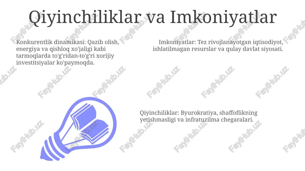 o'sish bilan tavsiflanadi. mamlakatning strategik joylashuvi va iqtisodiy islohotlar katta hajmdagi chet el to'g'ridan-to'g'ri investitsiyalarni jalb qilmoqda. investitsiya rag'batlantiruvchi omillar va dasturlar yaxshilangan tartibga solish muhiti va asosiy bozorlarga kirish imkoniyati tufayli xorijiy investitsiyalar o'sishi kuzatilmoqda. muayyan tarmoqlar va sohalar uchun soliq imtiyozlari, subsidiyalar va imtiyozli kreditlar. hukumatiy e'tiborning asosiy tarmoqlarga, jumladan qishloq xo'jaligi, ishlab chiqarish va turizmga investitsiyalarni jalb qilishga qaratilishi. tuzg'i to'g'ridan-to'g'ri investitsiya (tdi) trendlari add text add text add text add text add text add text o'zbekistonda to'g'ridan-to'g'ri xorijiy investitsiyalar so'nggi yillarda hukumatning investitsiya muhitini yaxshilash va iqtisodiyotni diversifikatsiya qilish bo'yicha tashabbuslariga ko'ra doimiy ravishda o'sib bormoqda. o'zbekistonning geografik joylashuvi va o'sib borayotgan o'rta sinfi uni xorijiy investorlar uchun jozibador joyga aylantiradi. to'g'ridan-to'g'ri xorijiy investitsiyalarni jalb qiladigan asosiy sohalar qatoriga konchilik, ishlab chiqarish va qishloq xo'jaligi kiradi. e'tiboringiz uchun rahmat @taqdimot_robot image1.jpeg image2.jpeg image3.jpeg